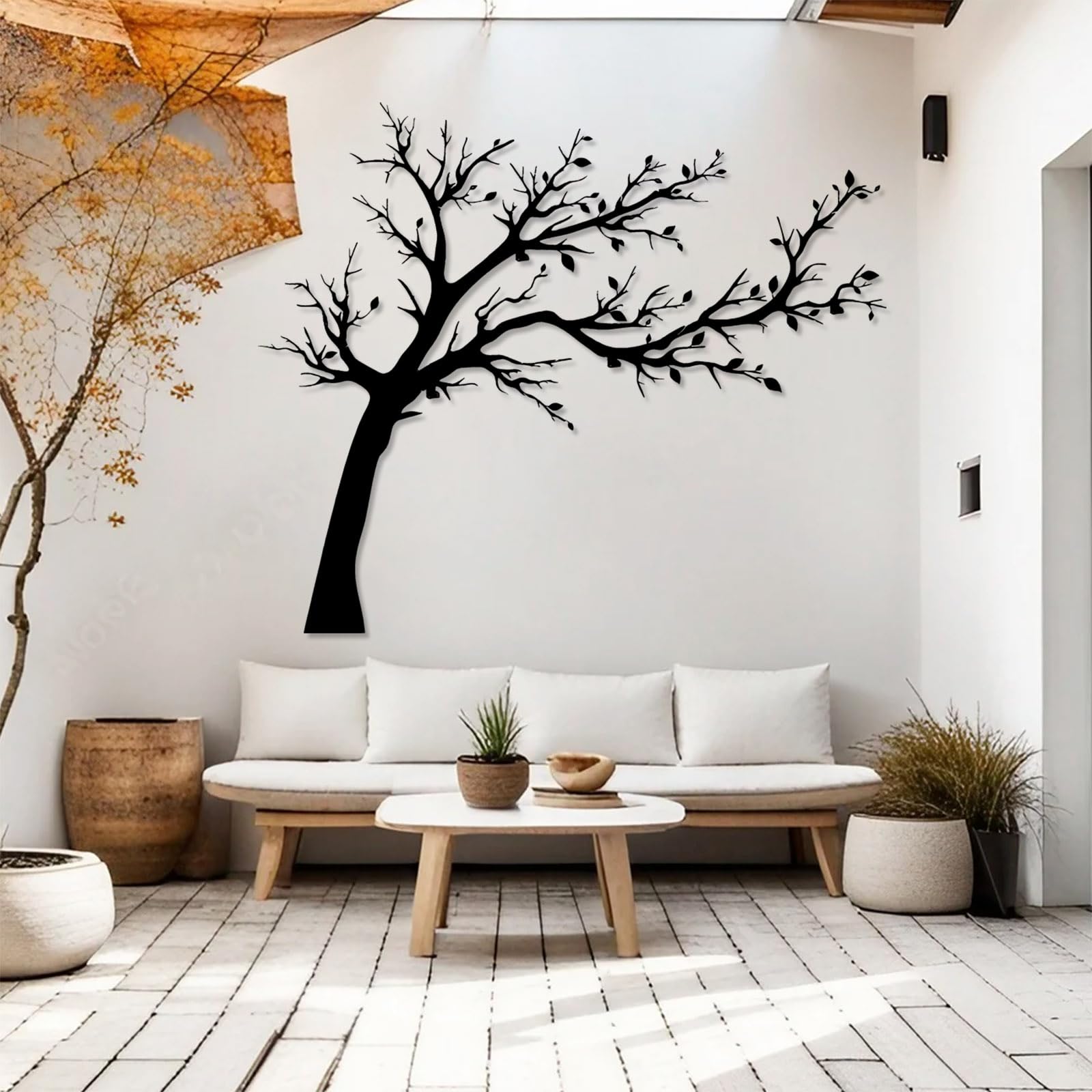 Decoración de pared abstracta contemporánea de metal con forma de árbol, adorno de árbol de ramas grandes de la vida, silueta, decoración familiar, hogar de sala de estar (plateado, 40x47 cm)