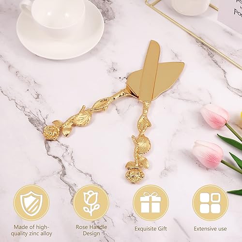 Miniatura 3 de Juego de 2 piezas para cortar tartas, juego de corte de pasteles para bodas, juego de cuchillos y servidores personalizados para tartas doradas,