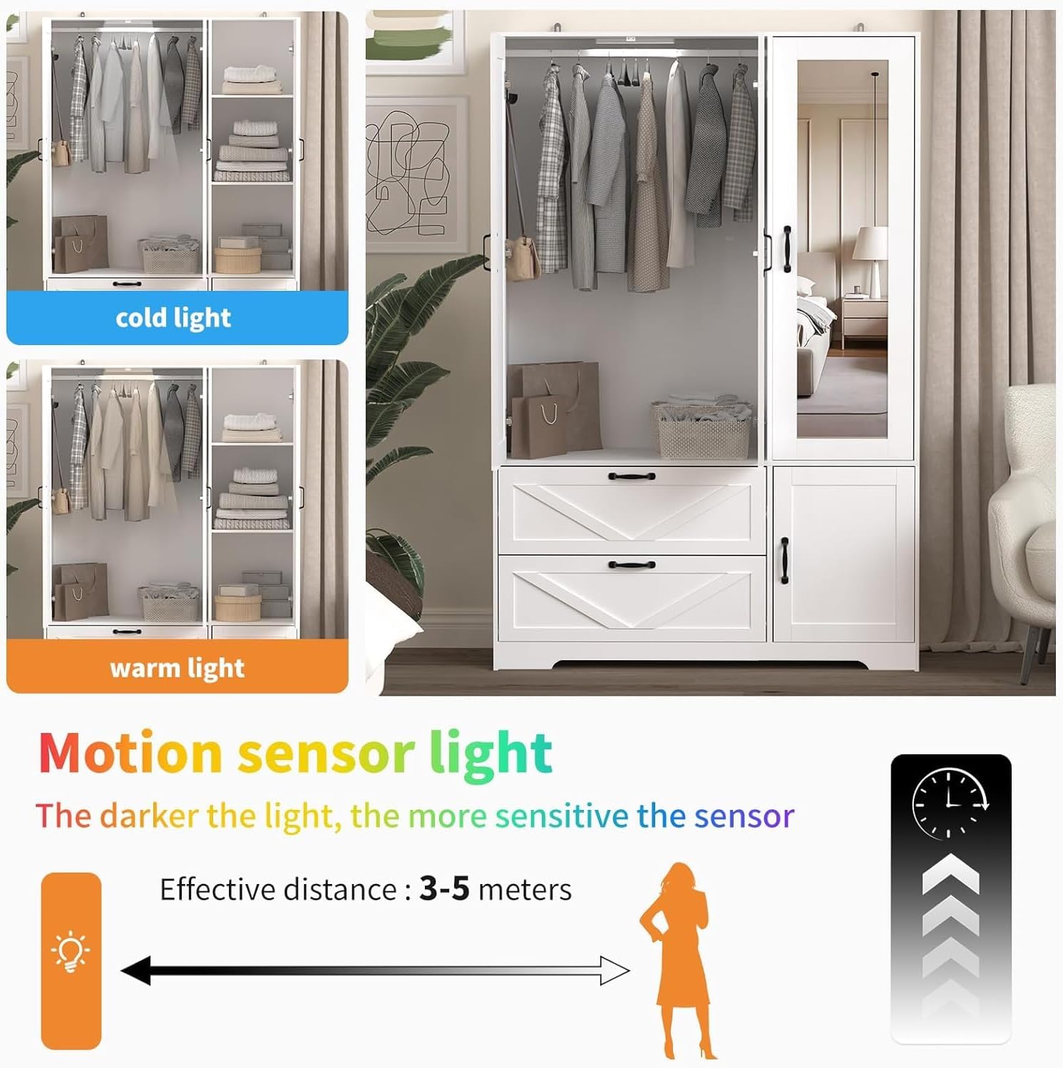Armoire Wardrobe Closet with Mirror Door and LED Lights,3 Doors Farmhouse Bedroom Armoire with Drawers,Large Capacity Freestanding Armoire with Hanging Rod,Adjustable Shelves and Hooks(White
