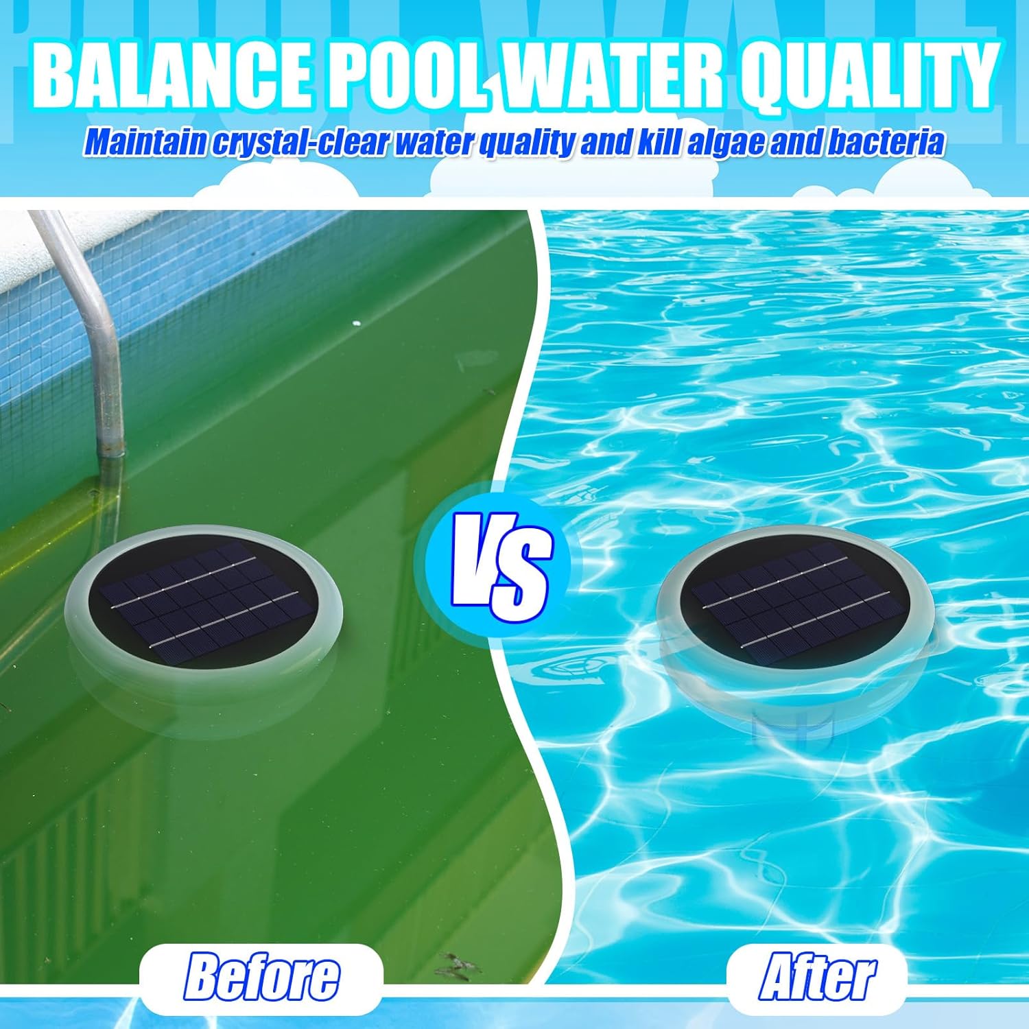 Solar Pool Ionizer Cleaner Self-Luminous Automatic Floating Water Purifier Copper Pool Ionizer with 4 Pcs Scum Eliminating Ball, up to 45, 000 Gallons for Above Ground In-ground Pools Spas