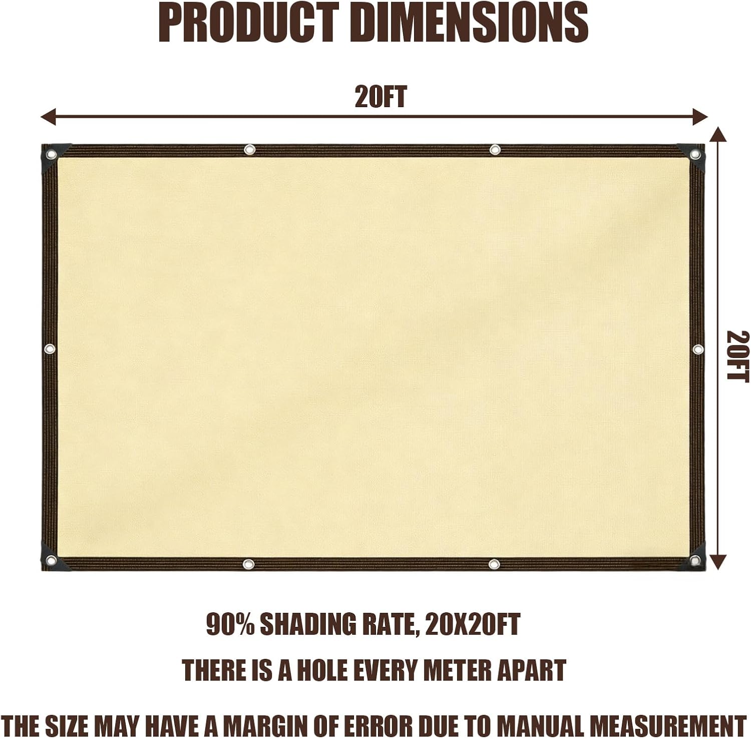90% Shade Cloth with Grommets, 20×20FT Beige Shade Tarp, UV Block Sun Shade Covers for Outdoor Patio, Porch, Balcony, Garden, Pets