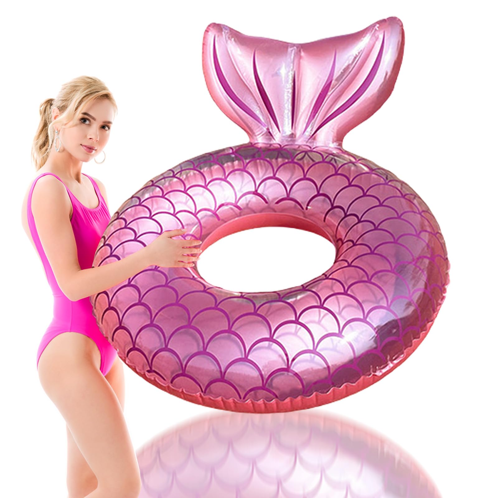 Mermaid Pool Inflatables Swim Rings for Adults, 90cm Pink Mermaid Tail Pool Swimming Float Cute Tube Rings for Women Girls Summer Beach Party Water Sport