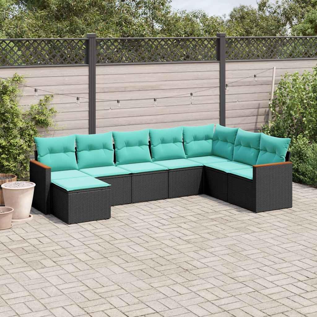 Conjunto jardín poliratán Negro de 8 Piezas con Cojines extraíbles y Lavables, sofá Modular con reposapiés y almacenaje para terraza, Patio, balcón, Porche y Piscina