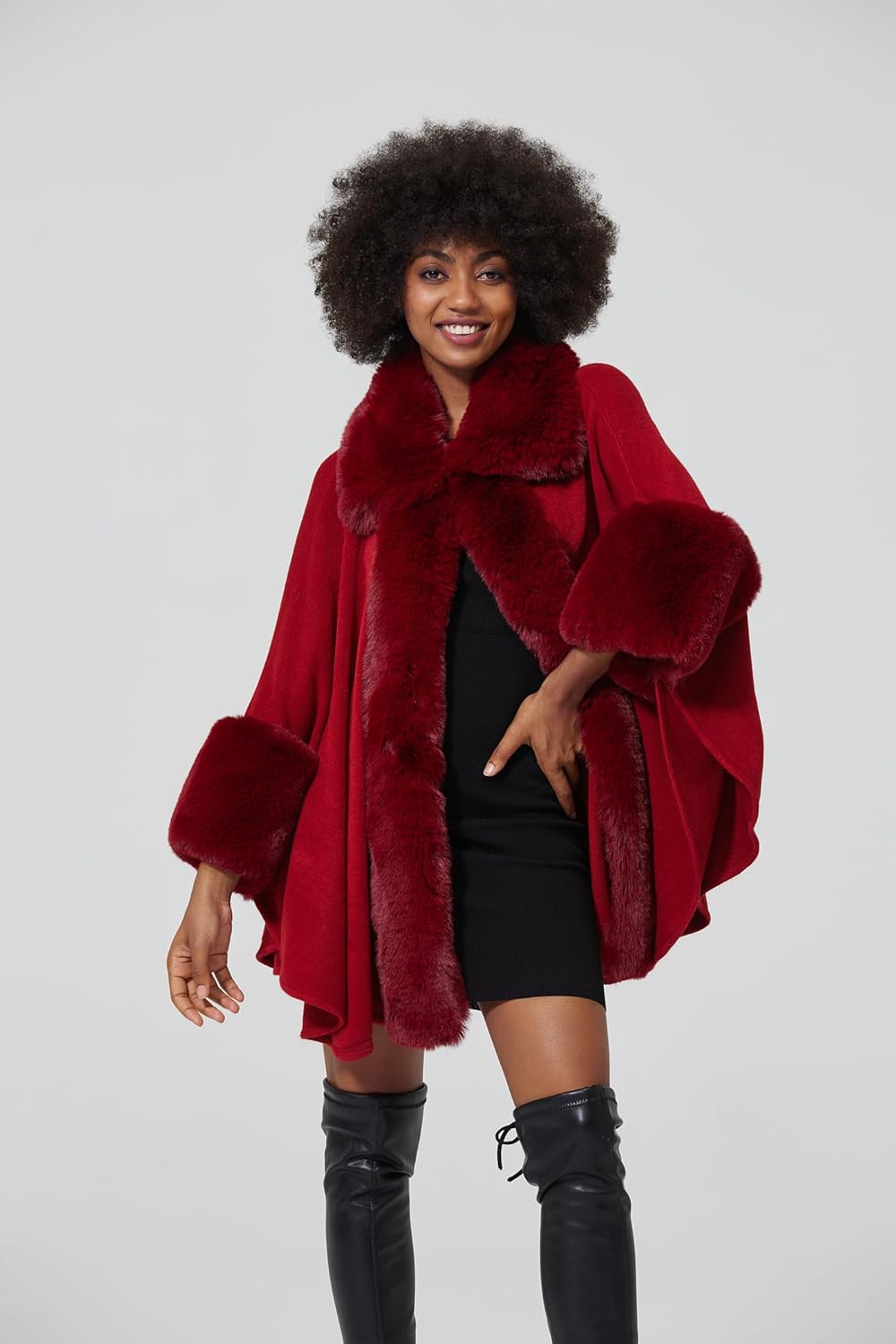 Women Poncho Cape Shawl Wrap Open Front Winter Faux Fur Trim Coat With Hooks Cardigan Dressy Cloak Tops - Image 3