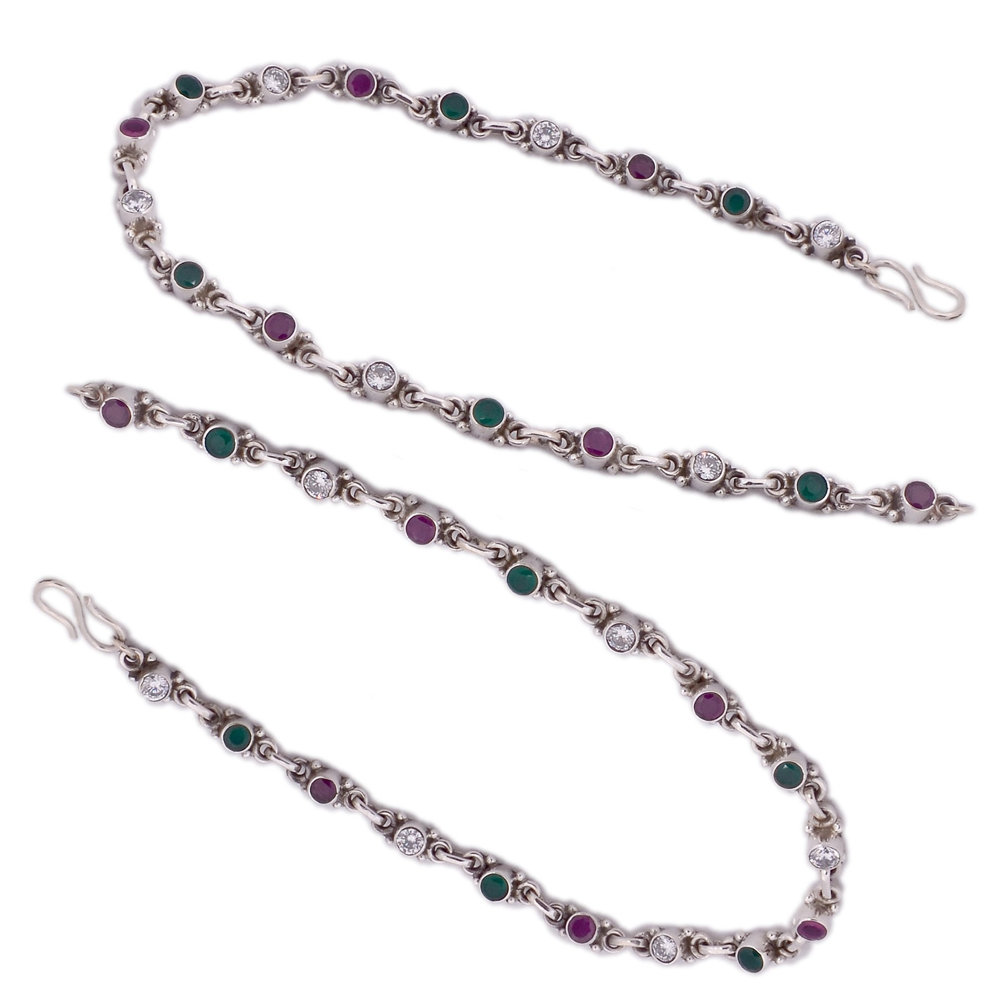 Peenzone 92.5-925 Sterling Silver Handmade Cup Setting Cubic Zirconia Ruby Emerald Round Shape Stone Anklets Festival Wedding Anniversary-image-34
