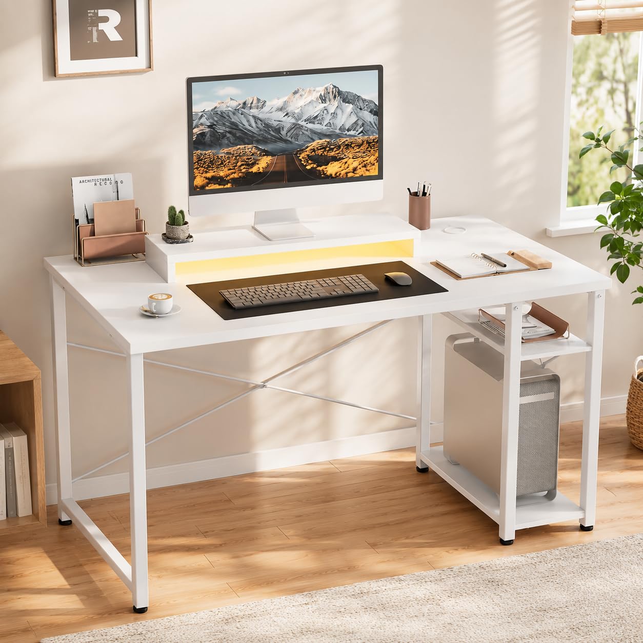 iSunirm Gaming Tisch 100x50cm Weiß mit LED & 2 Steckdosen + 2 USB, Computertisch mit Monitorständer, Wendbarer Kleiner Tisch für Homeoffice & Gaming Room Gaming Schreibtisch