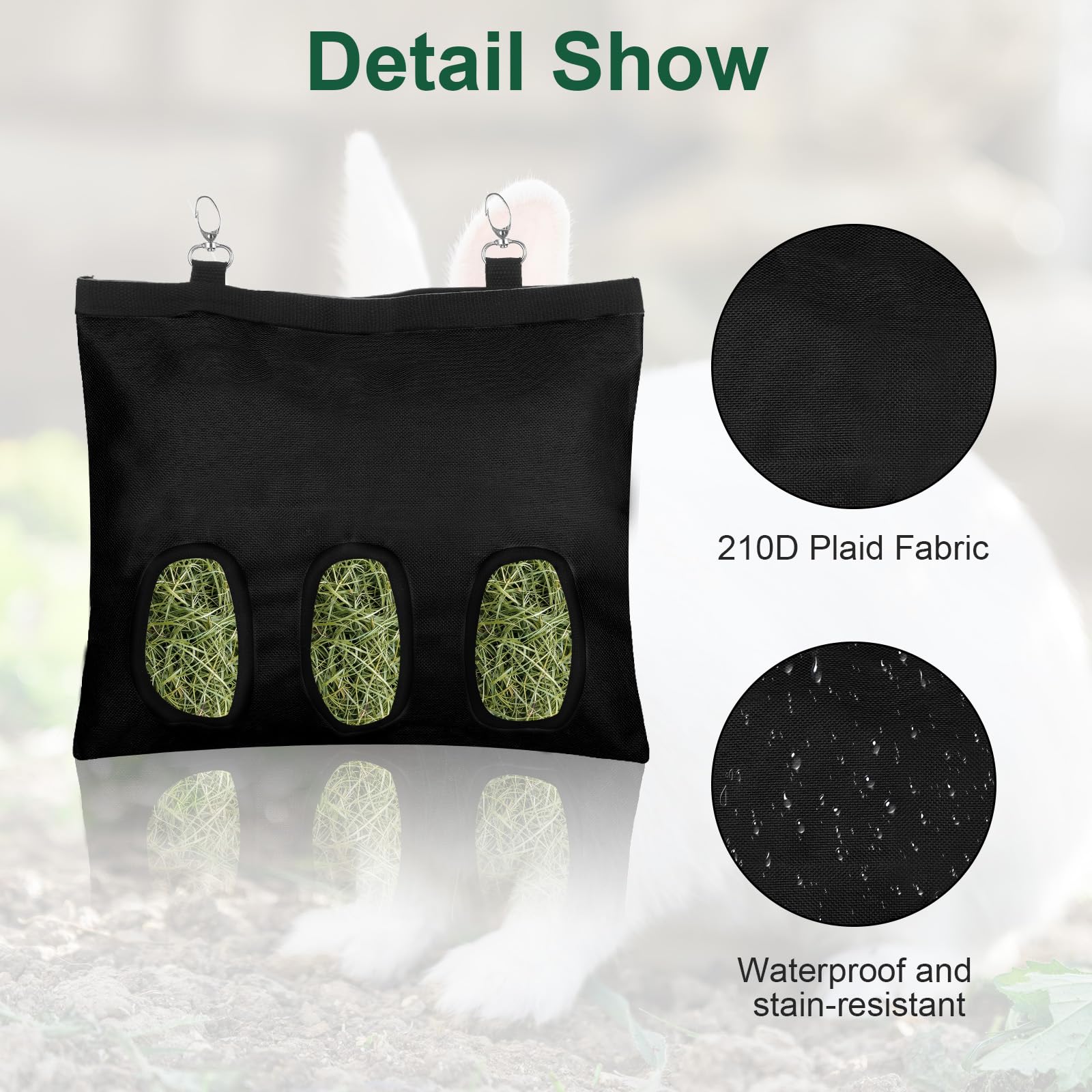 2 Pcs Rabbit Hay Feeder,Guinea Pig Hay Feeder,13×10.8 Inch Guinea Pig Bag,Small Animal Feeding Bag for Rabbits, Hamsters, Hedgehogs (3 Holes,Black) - image 4