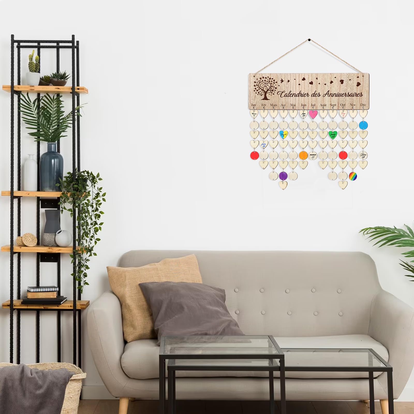 Calendrier D'anniversaire Familial En Bois Sculpté - 40x12 Cm, Avec 100 étiquettes Cœur/rond - Décoration Murale Personnalisable - 6