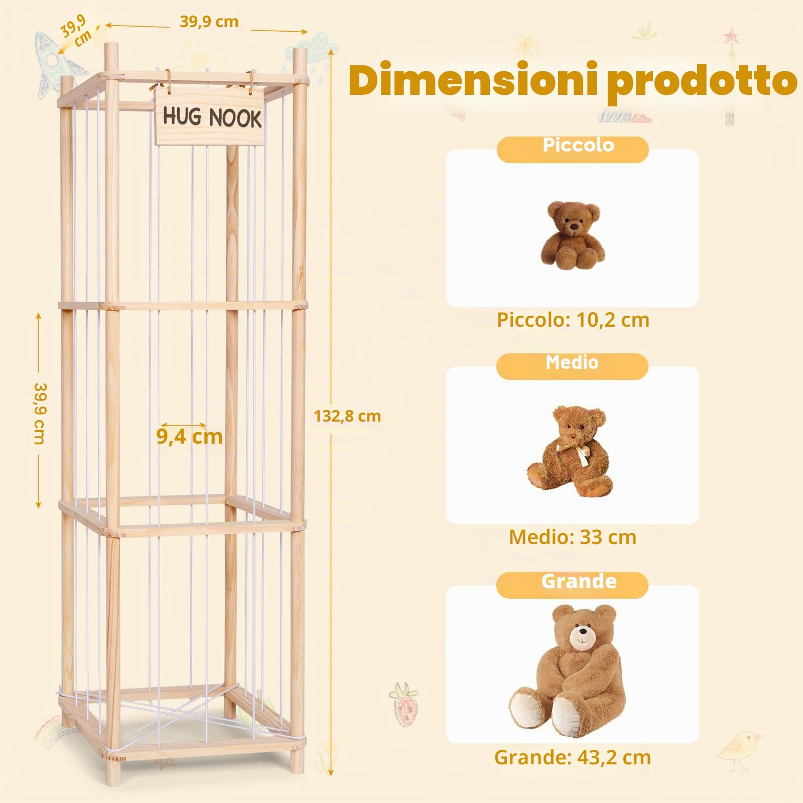 Porta Peluche Verticale, Contenitore per Animali di Peluches Salvaspazio, Porta Giochi Contenitori in Legno, Organizer per Giocattoli di Peluche per Stanza da Gioco per Camera da Letto, Casa