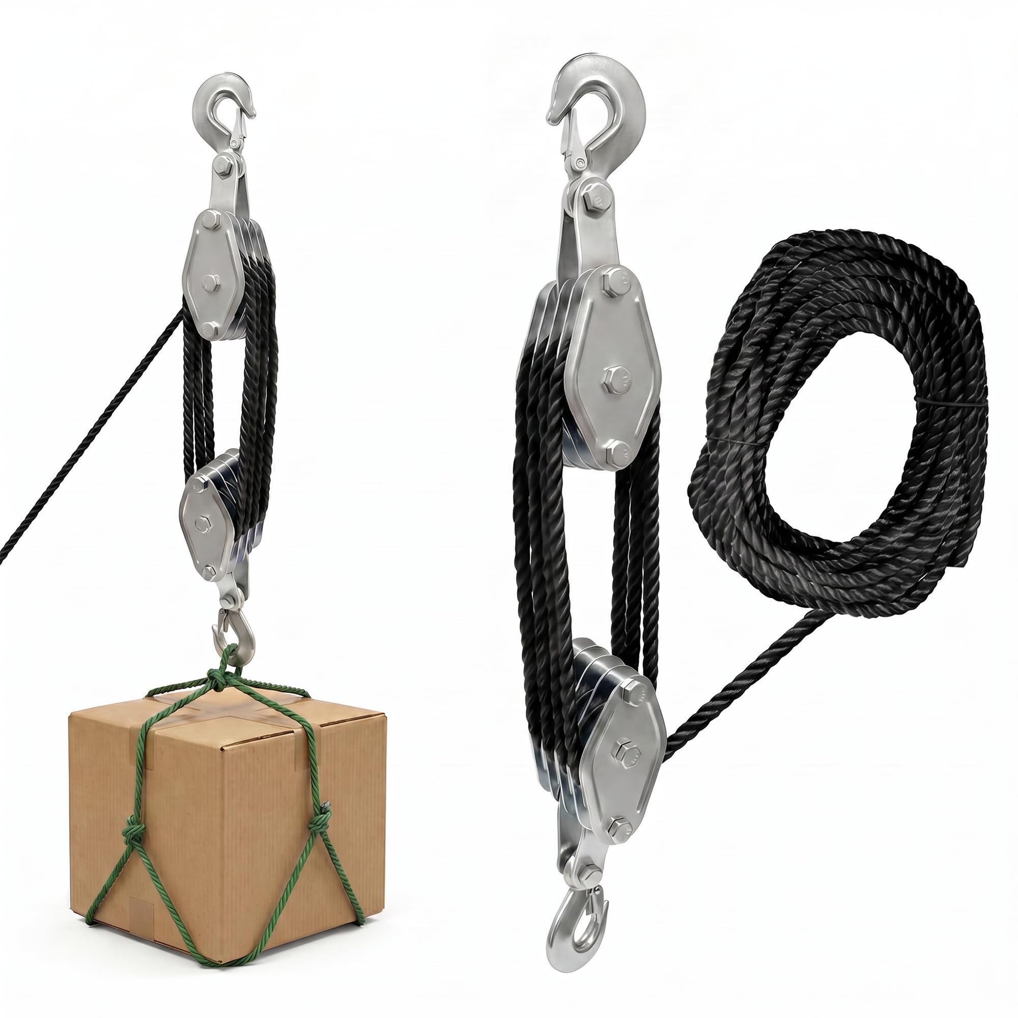 Flaschenzug Arbeitssparender, 8:1 Hubkraft Seilzug mit 20m Seil & Stahl-Kugellager, 2000kg Max Schwerlast Flaschenzug-Set für Garage, Werkstatt, Jagd & Boot, Rostfrei Verzinkt - Schwarz