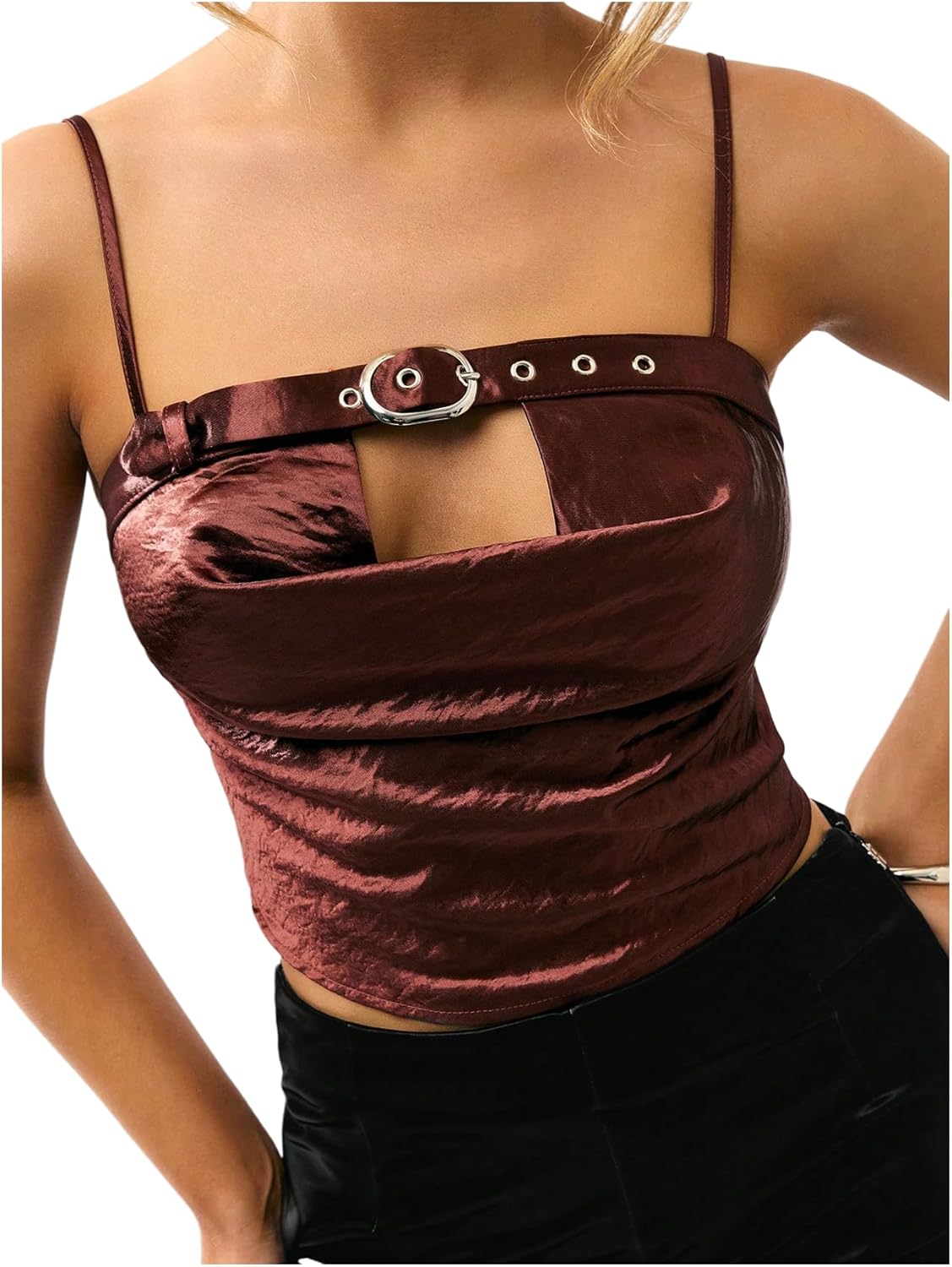 SOLY HUX Women's Satin Camisole Tops Y2k Draped Buckle Cami Shirts Party Club Crop Top