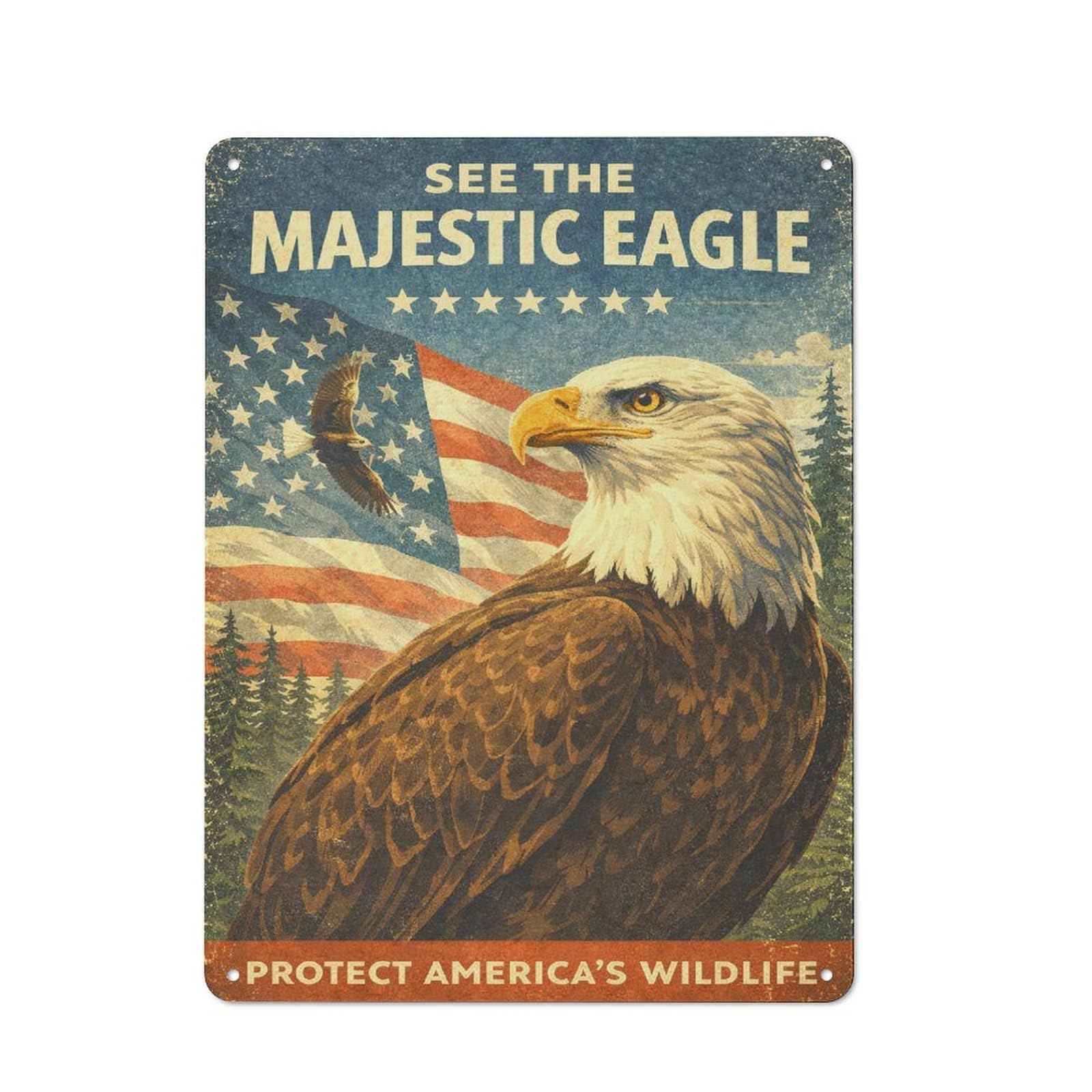 Junmoney Style-18 Majestic Eagle And American Flag Rustic Printed Metal Sign 40X30cm For Garage Or Workshop, For Garage, Workshop And Man Cave Decoration