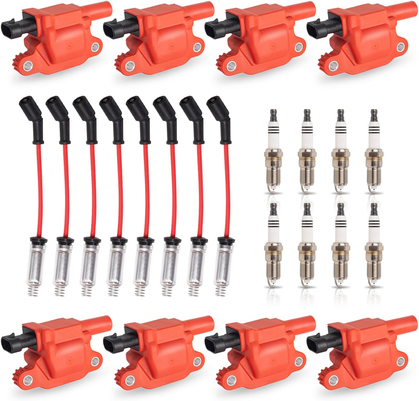 ENA Set of 8 Red Ignition Coil and 7mm Red Wire Set with 8 Platinum Spark Plug Compatible with Chevrolet GMC Avalanche Corvette Impala Silverado Express Sierra Yukon Grand Prix Replacement for UF413