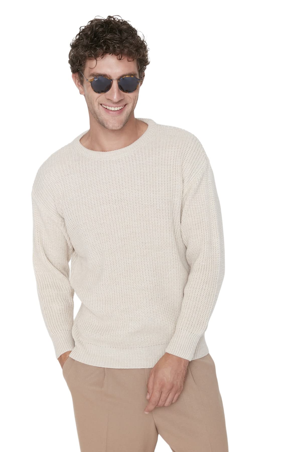 Trendyol Collection Herren Beige Beiger Oversize-Strickpullover Mit Rundhalsausschnitt - Für - Groß
