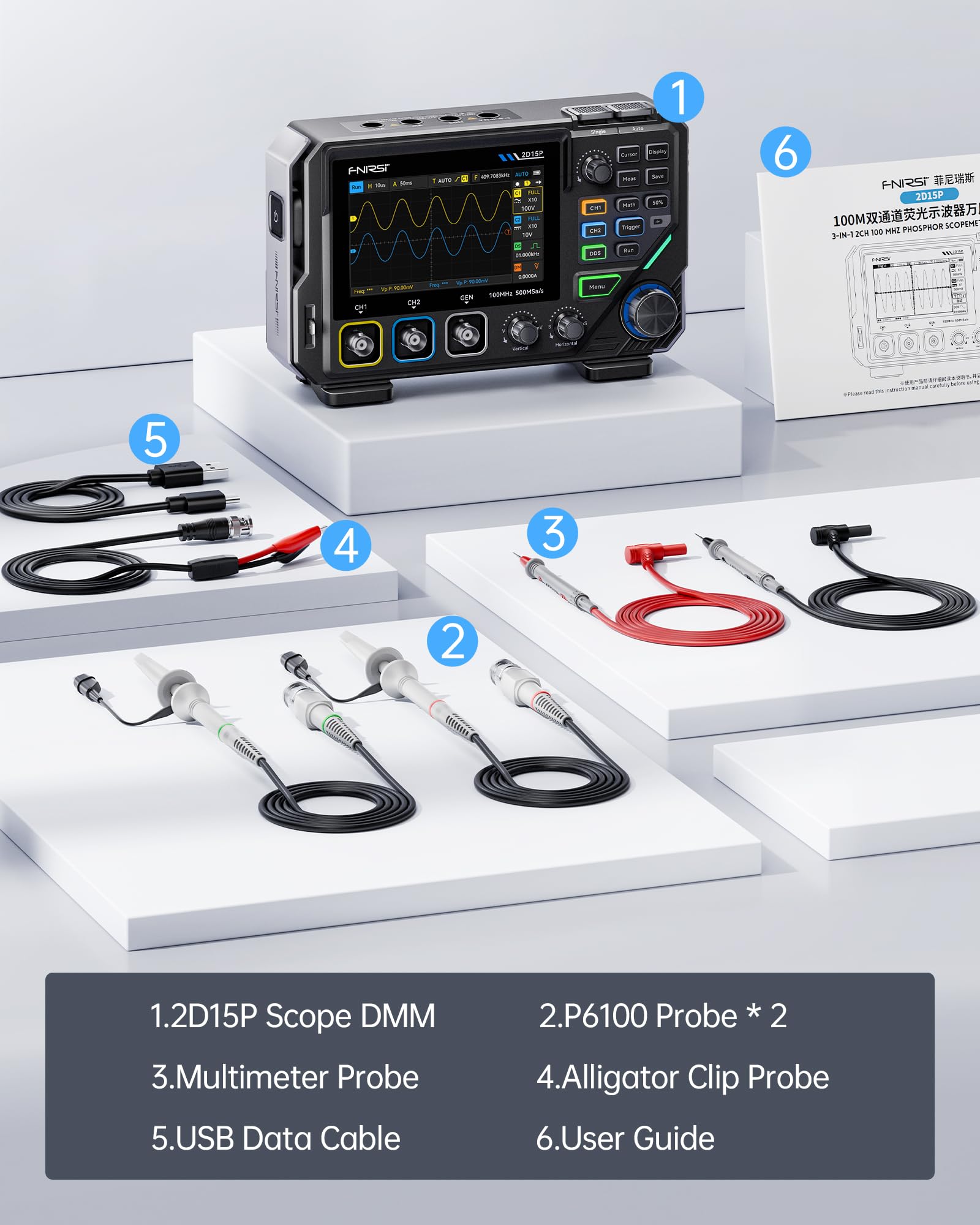 FNIRSI 2D15P 100MHz Digitale Oscilloscopio Multimetro Generatore di Segnale DDS 3in1, Multimetro a 2CH per L'industria Auto, 19.999 TRMS, Frequenza di Campionamento 500MS/s, Touchscreen da 4,3 Pollici