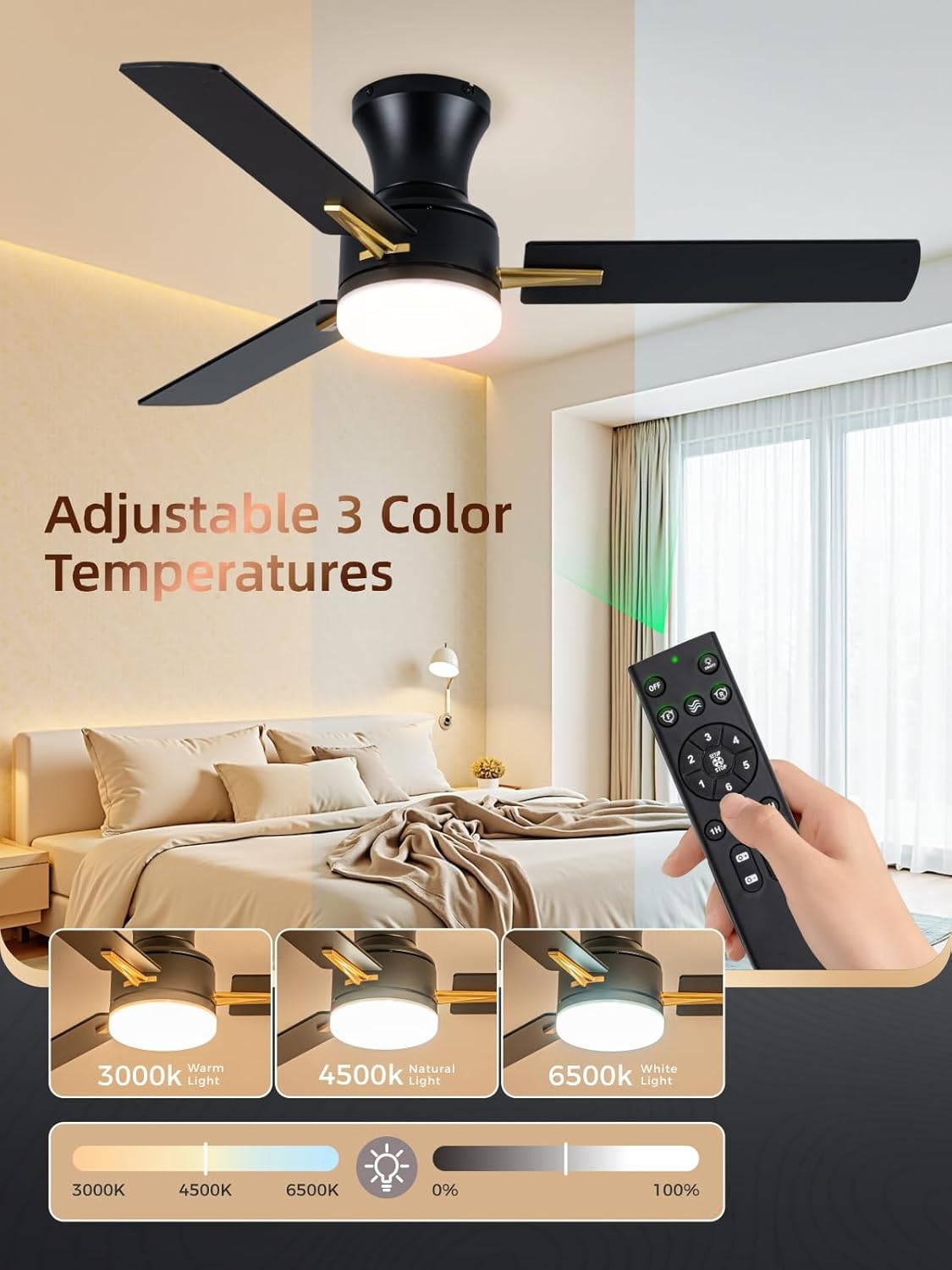 42 Inch Flush Mount Ceiling Fan with Light, App&Remote Control, Low Profile Modern Ceiling Fan, 6 Speed, Reversible, 3000k-6500k Dimmable LED, Quiet DC Motor for Indoor Outdoor, Gold Black