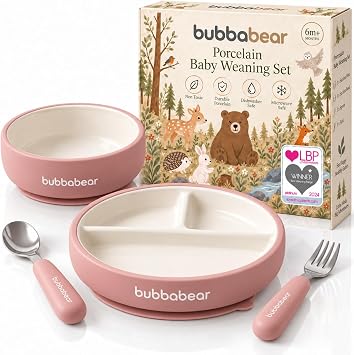 Bubba Bear Baby Porcelain Set for Weaning | Suction Plate, Bowl & Feeding Cutlery for Babies | Toddler Stay Put Food Bowls & Plates Sets | Non Slip Silicone Sleeve for Toddlers & Kids Dusty Pink