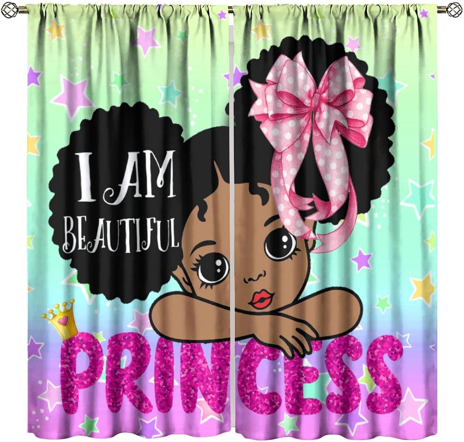 African American Kids Curtains,Afro Black Girl Window Treatments for Kids Girls Bedroom,Cute Girl Big Hair Pink Curtains 2 Panel Sets,52x84 Inch Decor