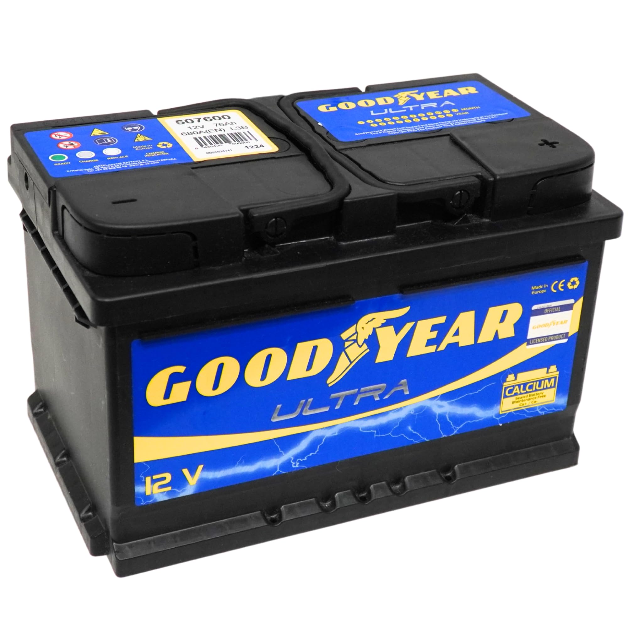 Batería de coche 76 Ah 680 Amp. GOOD YEAR. 24 Meses de Garantía. + 20% de Potencia de Arranque. Máxima Fuerza de Aranque. Fabricante Lider Mundial. Medidas: 278 Largo X 175 Ancho X 190 Alto.