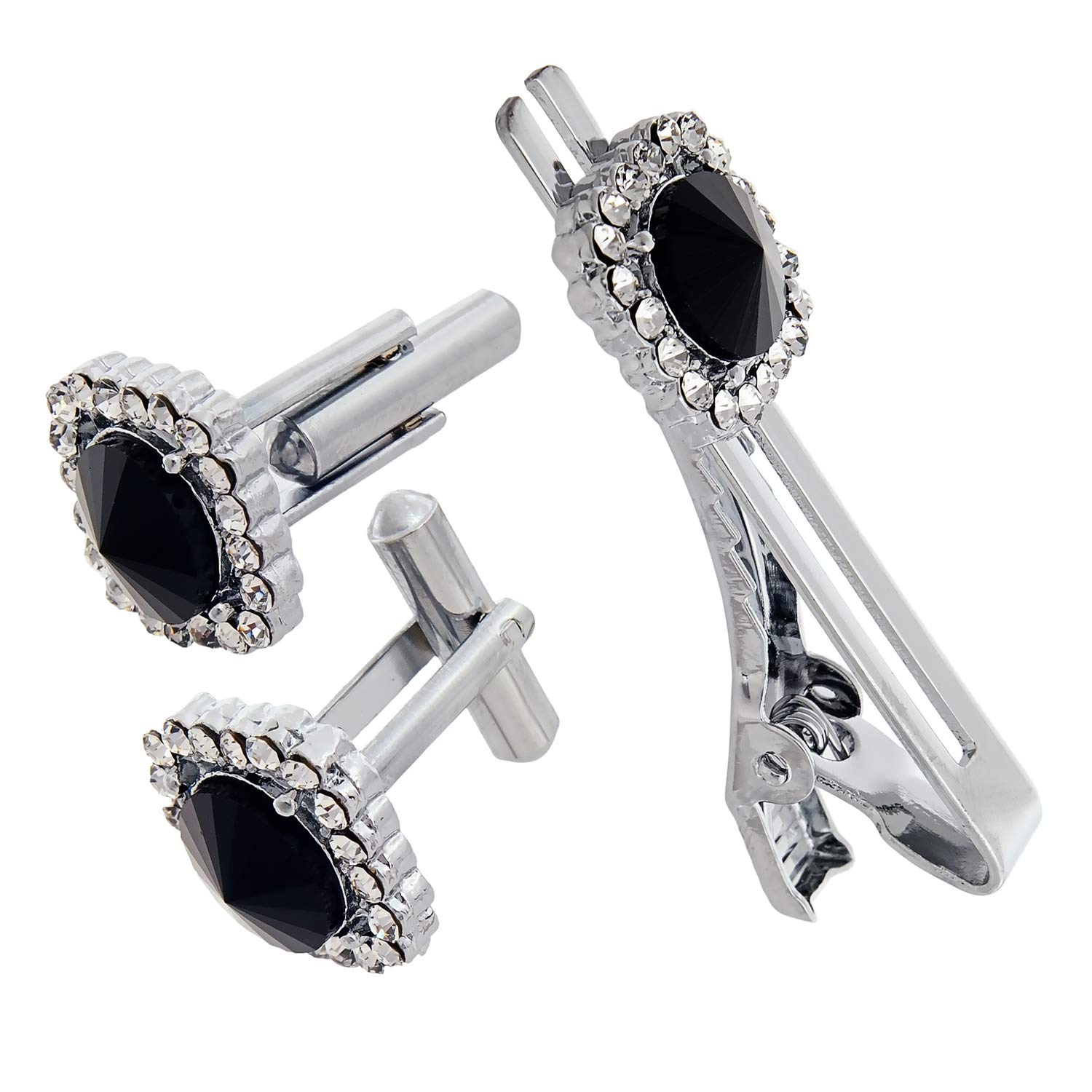 lucky jewellery Unique Men Jewelry Stone Silver Plated Black Sleeve Button Formal Cuff Button Wedding Shirt Button Suit Blazer Cufflink with Matching Tie Pin Gift Set For Men (403-M4C5-CRA5373-W-BL-S)-picture-43