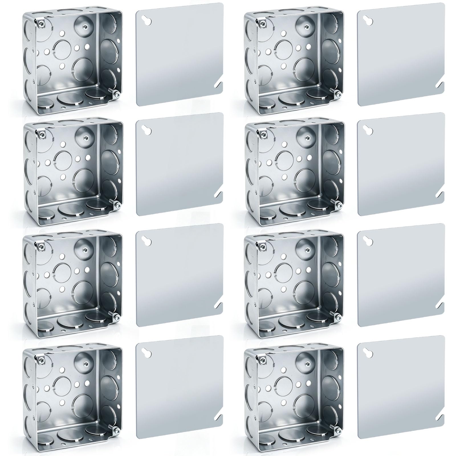 Lot de 8 boîtes électriques carrées avec couvercle, boîte de jonction en métal 4 x 4 avec accessoires de montage, boîte de sortie en métal froid solide pour plafond ou mur, acier galvanisé argenté, 21
