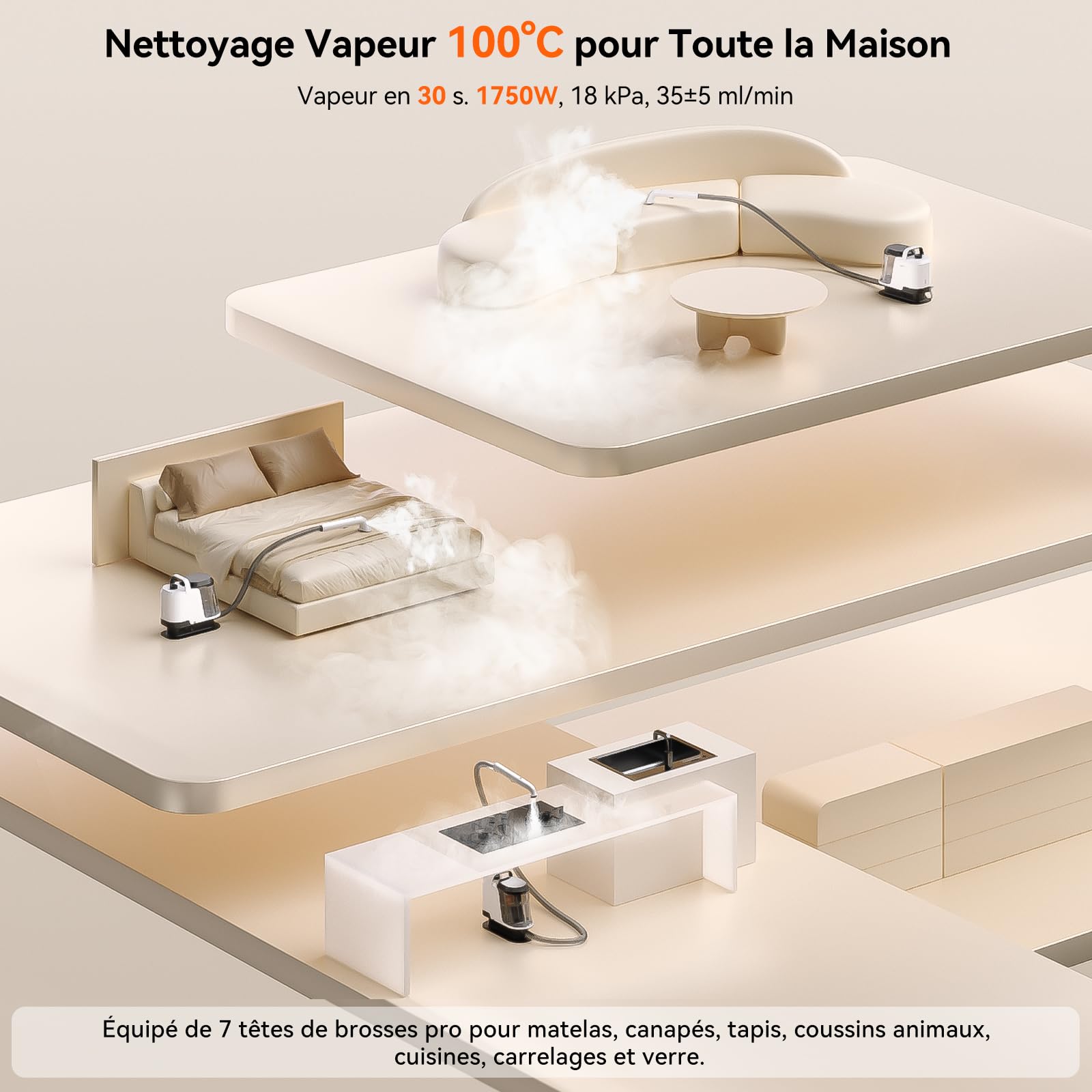 Uwant Y100 Steam 3-en-1 Shampouineuse, Nettoyeur Canapé Tissu 18KPA, 1750W, Nettoyeur Vapeur 100°C, à l'Eau Chaude 65°C, à l'Eau Froide, Auto-nettoyage, Injecteur Extracteur Tête Multi, Détergent