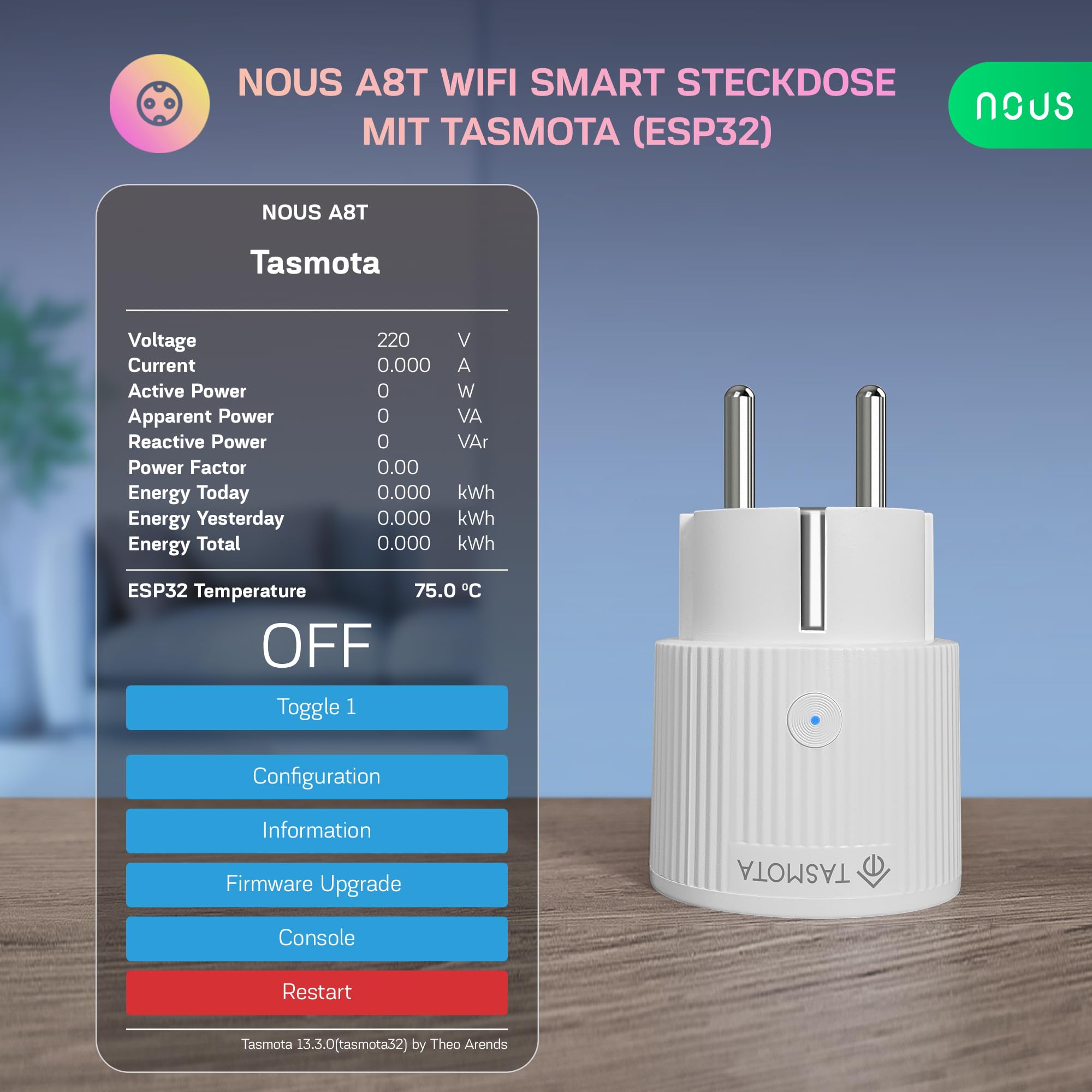Tasmota Prise NOUS A8T, la plus petite prise Wi-Fi ESP32, mini prise Wi-Fi 10 A avec consommation d'énergie, minuterie, compatible avec Matter, Alexa, Google Home, Assistant, MQTT, 2,4 G