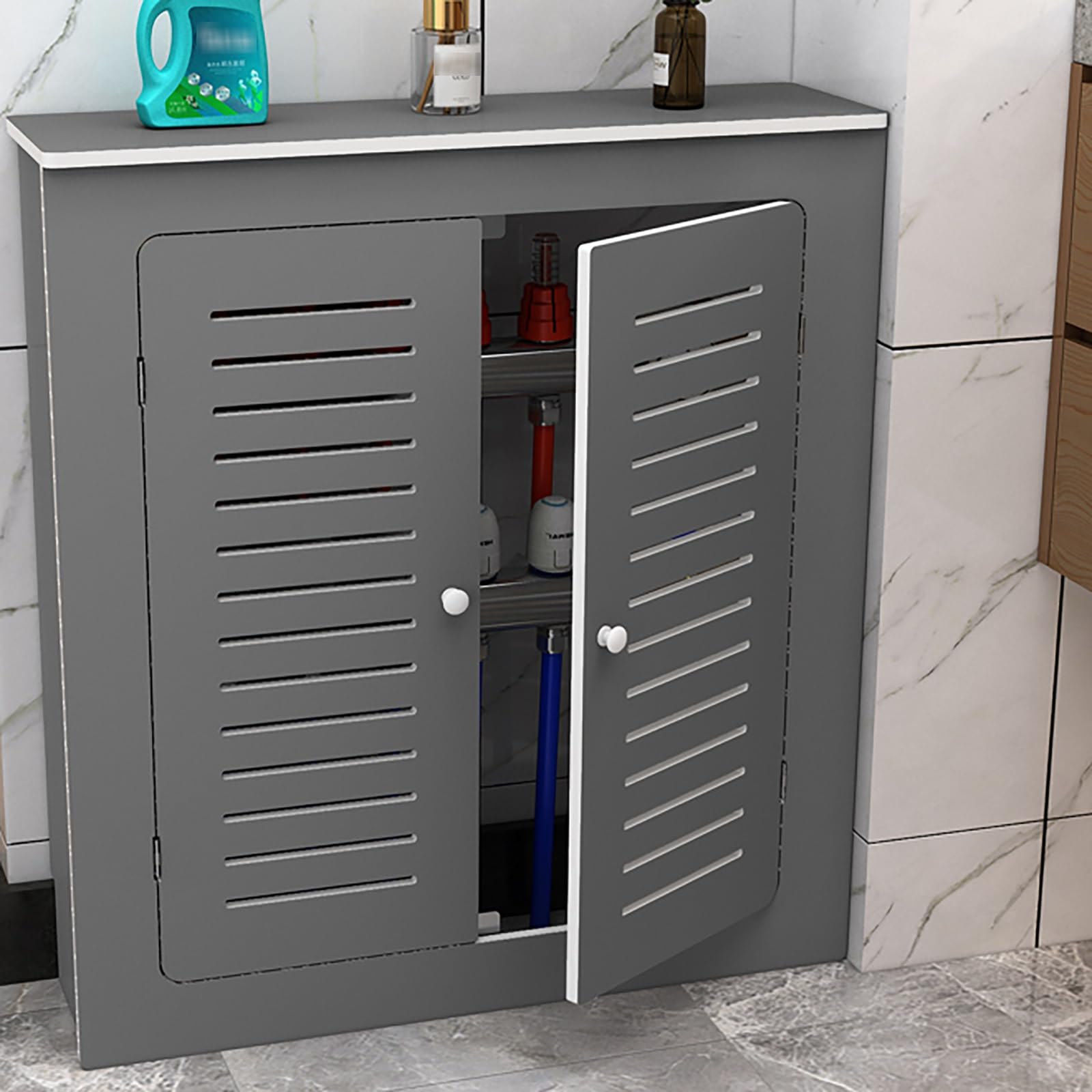 Cache-radiateur avec portes et étagère persienne : optimisez votre rangement