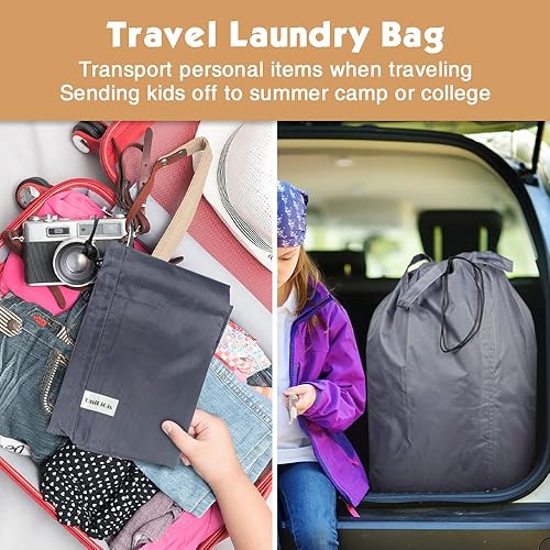 Miniatura 4 de Bolsa de lavandería de viaje lavable con asas y cordón (paquete de 2), resistente lo suficientemente grande como para contener 3 cargas de