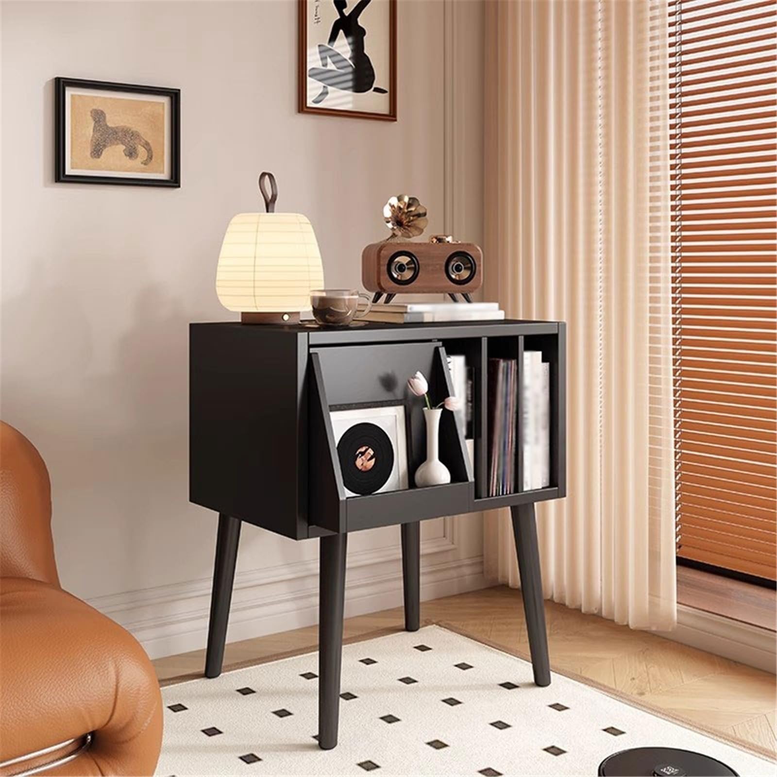 Custodia per CD Mobiletto porta CD retrò con cassetto nascosto e ripiano dischi in vinile in legno Portadischi(Nero)
