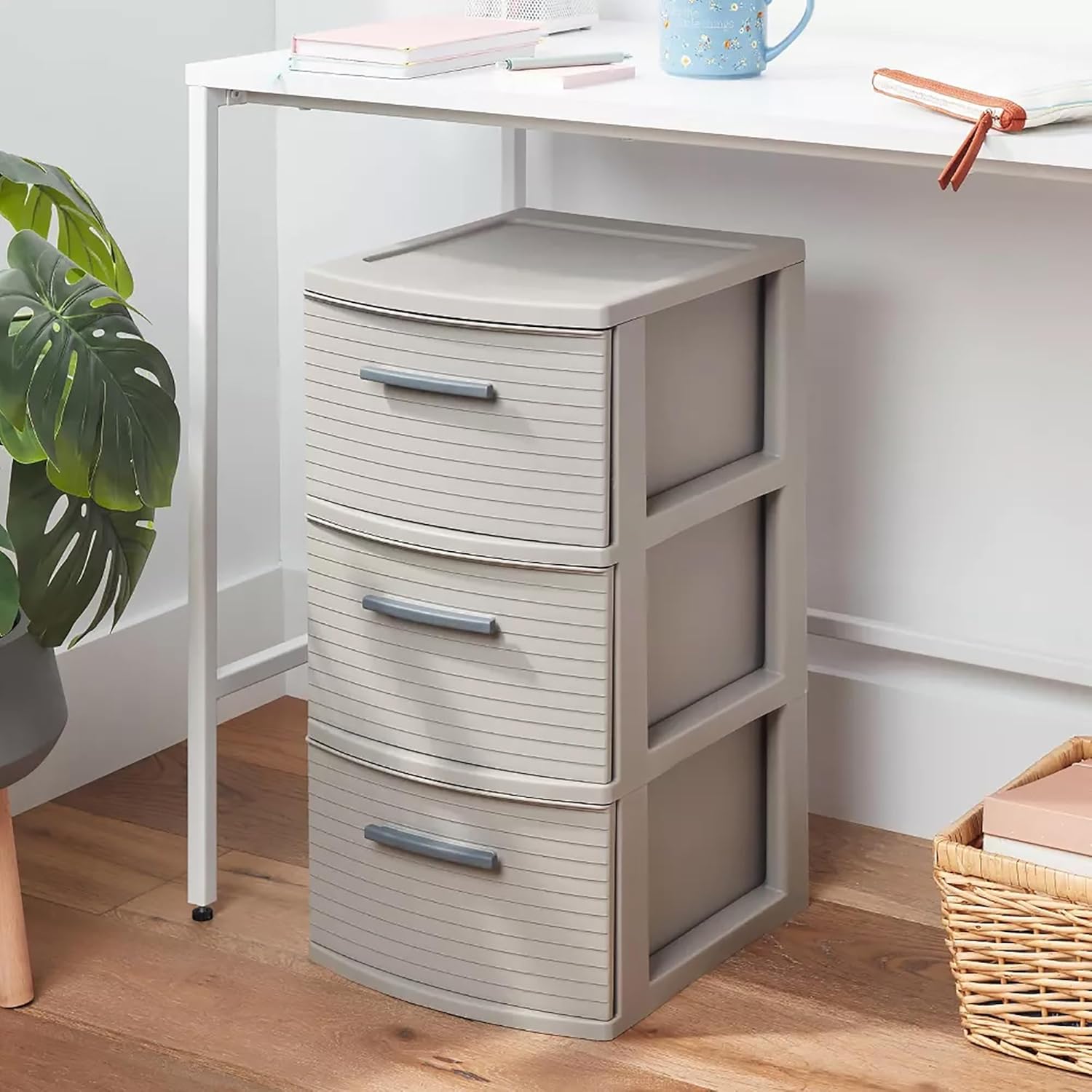 3 Drawer Weave Storage Tower, Plastic Decorative Drawers with Pull Handles, Slim Narrow Opaque Storage Organizer for Bedroom, Bathroom, Closet, Dorm and Office, Dark Gray