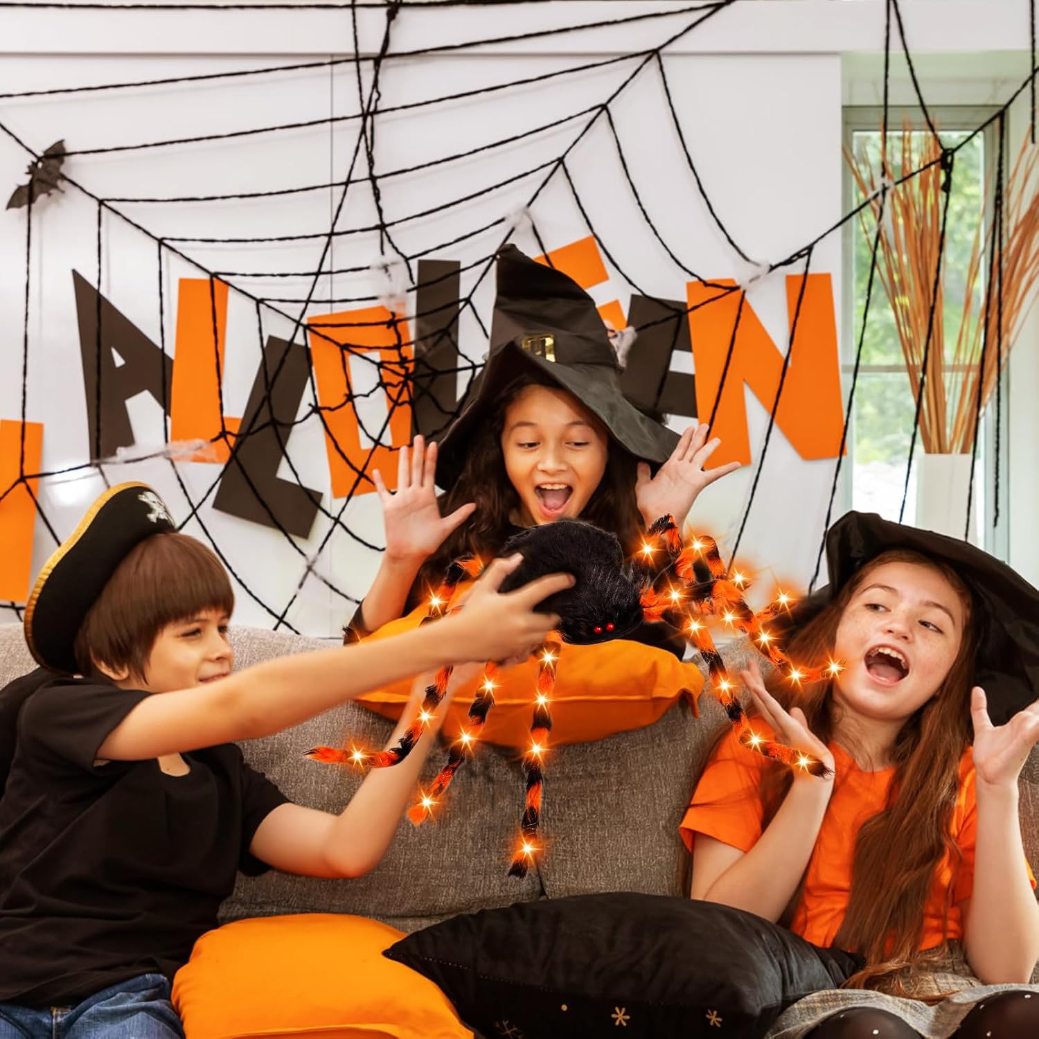 Garma Halloween Giant Spider Costume for Kids Adults, 60 LED Halloween Plush Spider Candy Backpack Props with Halloween Spider Party Headband Topper Halloween Decorations Accessories- Battery Required - Image 5