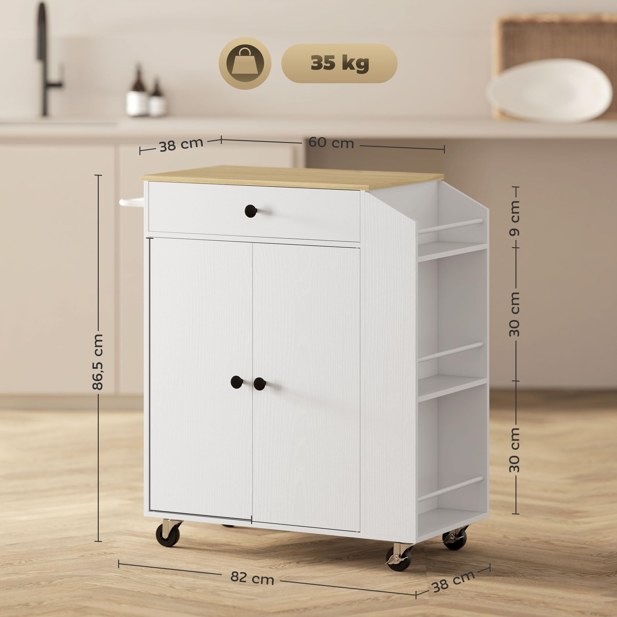 HOMCOM Îlot Central Cuisine Mobile, desserte Cuisine avec tiroir, étagère réglable, Placard à Deux Portes, Barre à Serviettes et étagères à épices pour Salle à Manger, Blanc