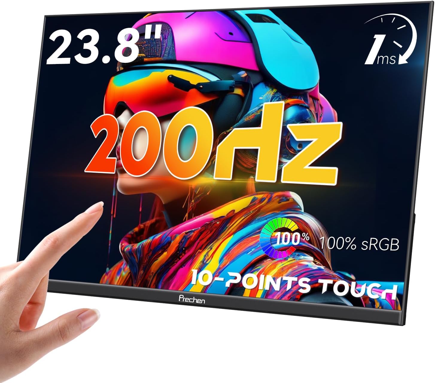 Prechen 23.8" 200hz Portable Touchscreen Monitor 99% sRGB VA FHD 1080P, VESA, Built-in Speaker, w/90°Adjustable Stand USB-C HDMI External Second Touch Screen Display for Laptop/PC/Phone