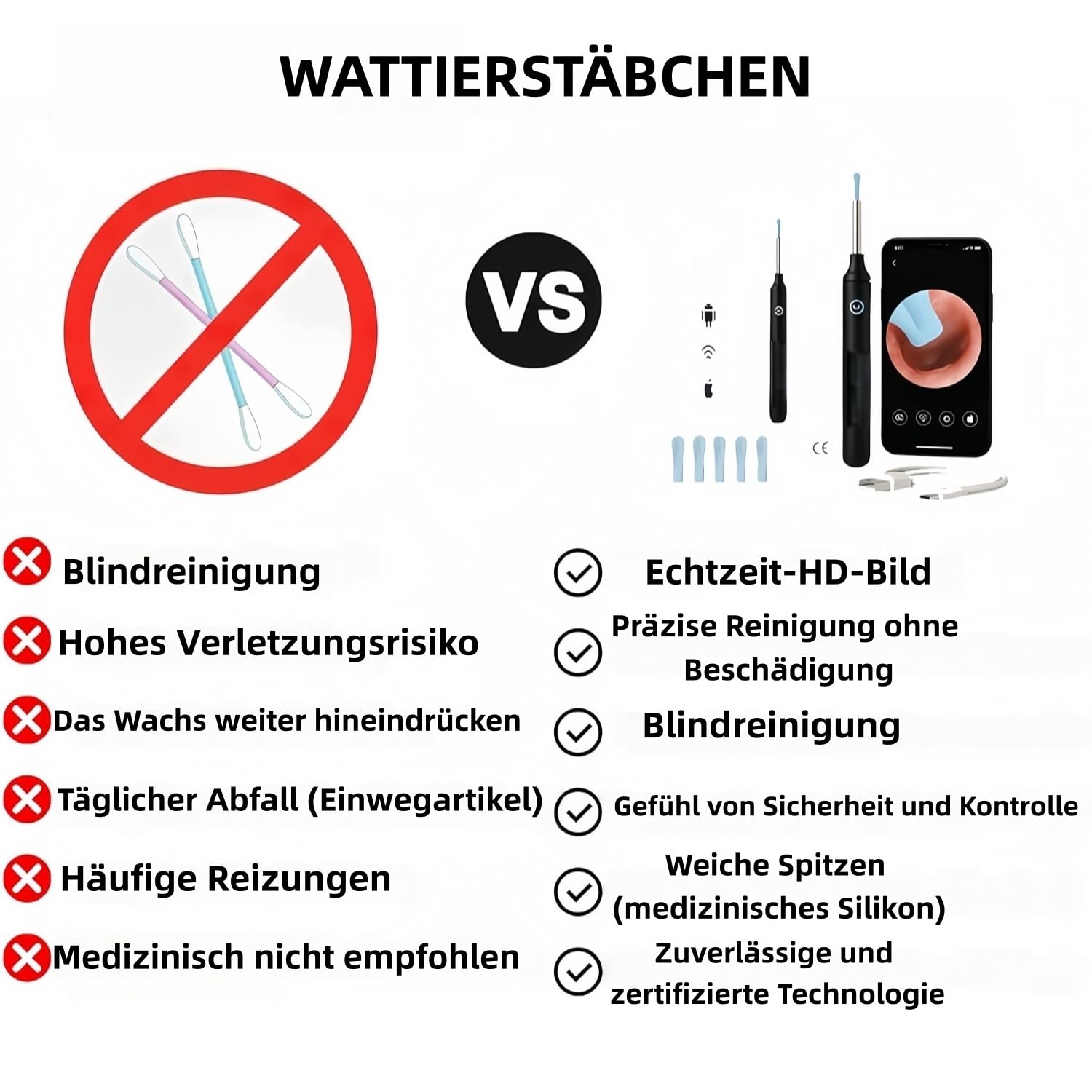 miluna pro plus intelligenter ohrenreiniger – Ohrenreiniger mit Kamera,1080P HD IP6X Ohrenreiniger mit LED-Beleuchtung, IP67 wasserdicht, ideal für Familien und Reisen (Weiß)