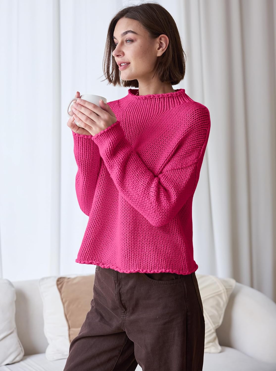 Panadila Womens Mock Neck Cropped Sweater Oversized Chunky Knit Pullover Sweaters Fall Long Sleeve Sweater Tops - Image 5