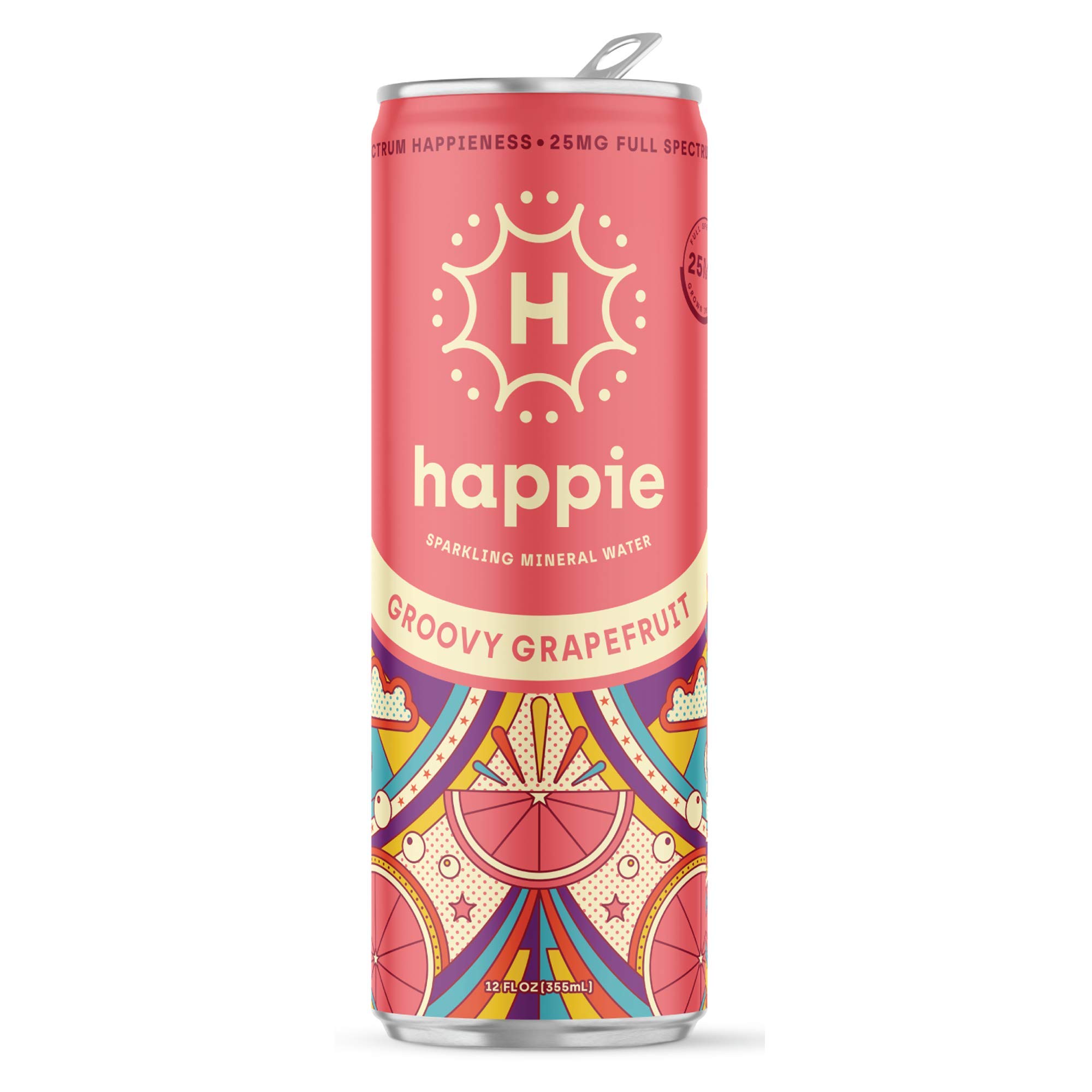 Happie Sparkling Mineral Water with Organic Hemp and Natural Flavors, Mood Boosting Grapefruit Low Calorie Drink, 12 pack case