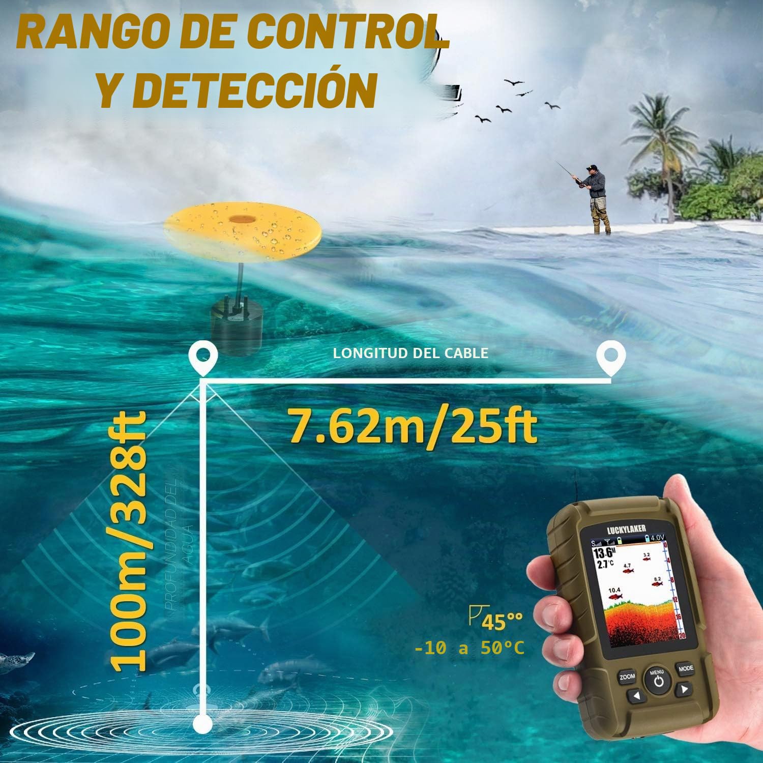 LUCKY Buscador de Peces Inalámbrico de Mano con Transductor Impermeable para Pesca en Hielo Kayak Mar