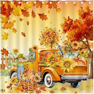Fall Shower Curtain, Retro Truck with Pumkins Sunflowers Scarecrow Under Autumn Maple Leaves Thanksgiving Shower Curtain Set, Farmhouse Waterproof Polyester Bathroom Curtain with 12 Hooks, 72x72 Inch