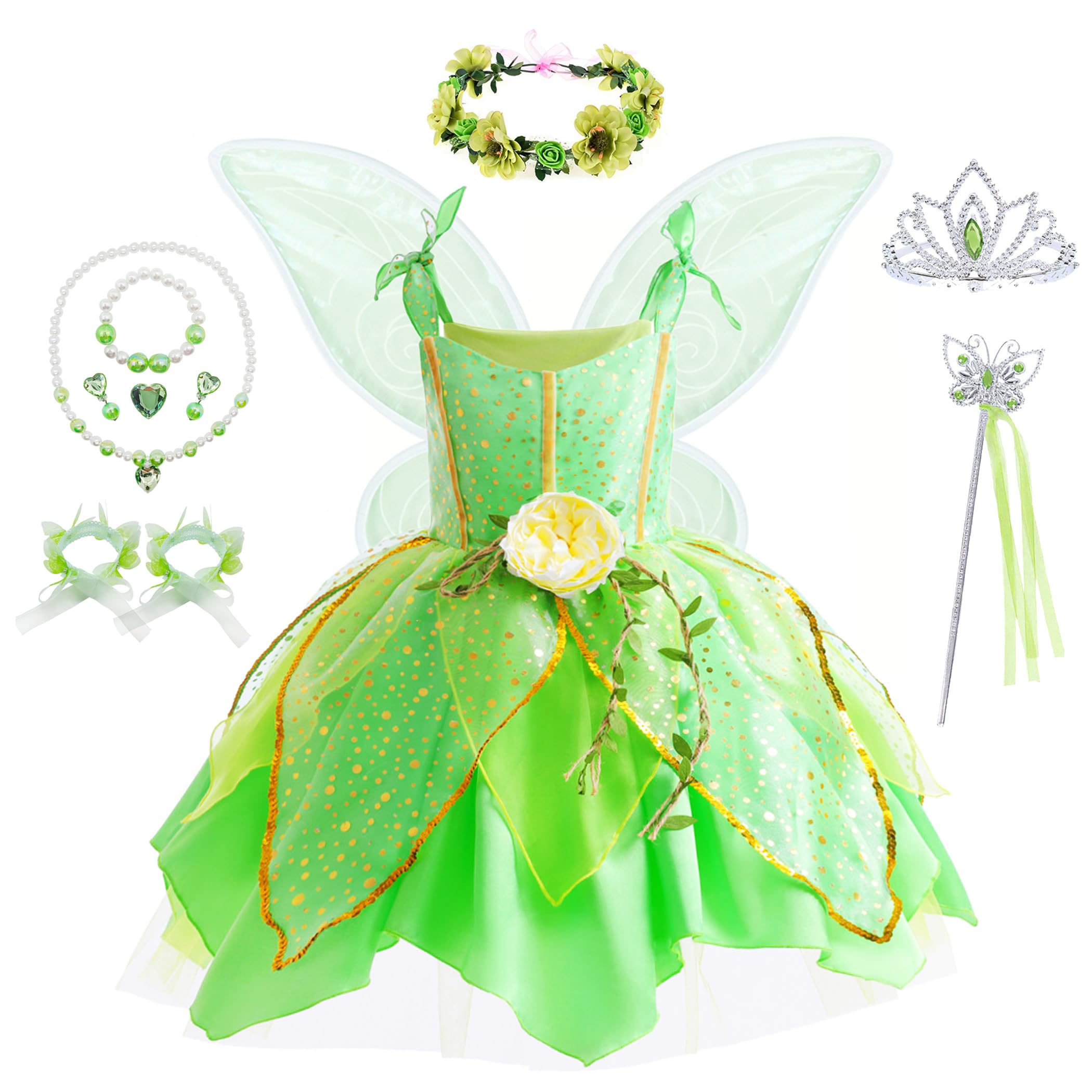 Flowers Fairy Costume Princess Dress Up Set for Girls Tinker Bell Toddler Clothes Halloween Cosplay Costume with Wing, Green