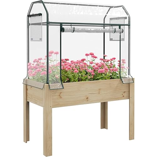Outsunny Raised Garden Bed with Plastic Greenhouse Cover and Bed Liner, Outdoor Elevated Wood Planter Box for Herbs and Vegetables, Use for Patio, Backyard, Balcony, 45 x 24 x 65 inch, Natural