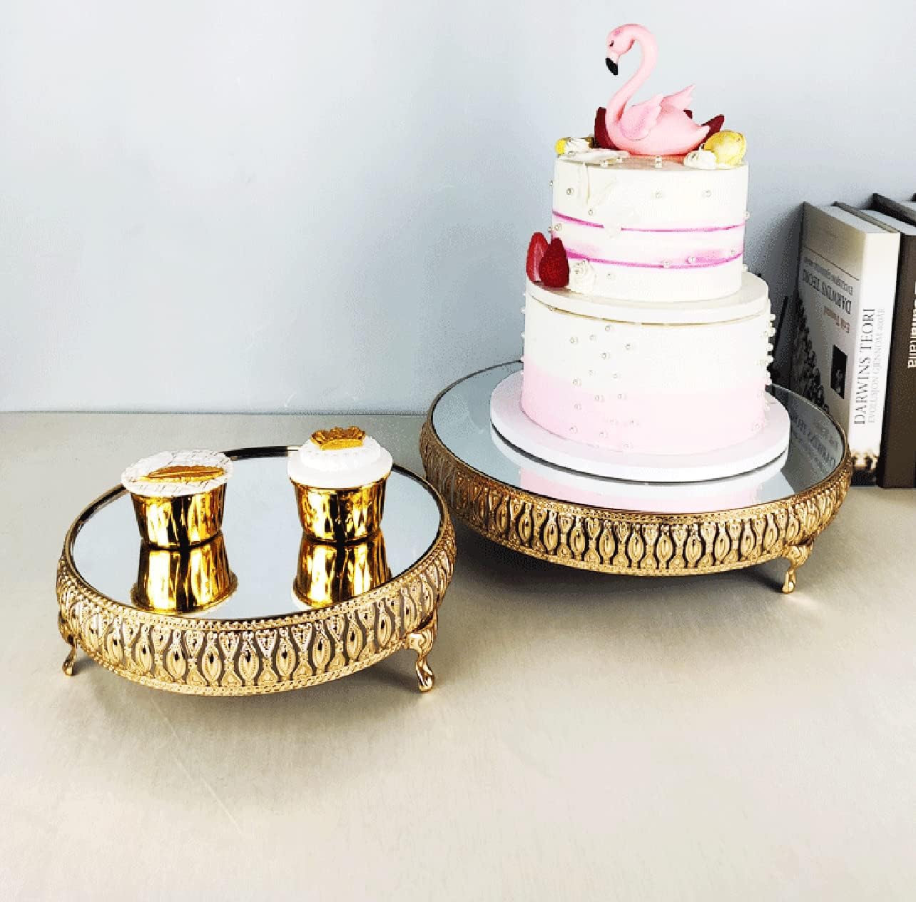 13 Inches 32.5 cm Gold Round Mirror Cake Stand Cupcake Stands Metal Pedestal Holder with Crystals, Party Dessert Cheese Display Plate for Wedding Party Birthday Baby Shower Celebration Home Decoration