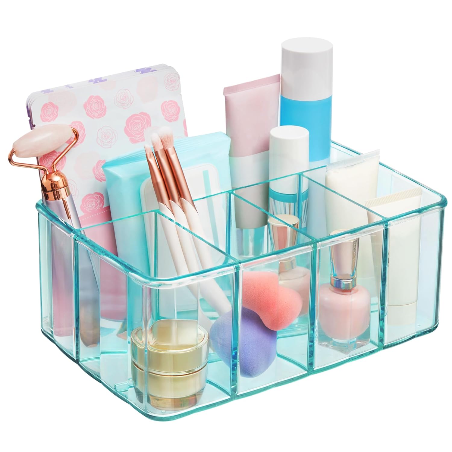 STORi 5-Compartment Plastic Organizer Ocean Mist Rectangular Divided Makeup and Vanity Storage Bin and Office Desk Caddy Scalloped