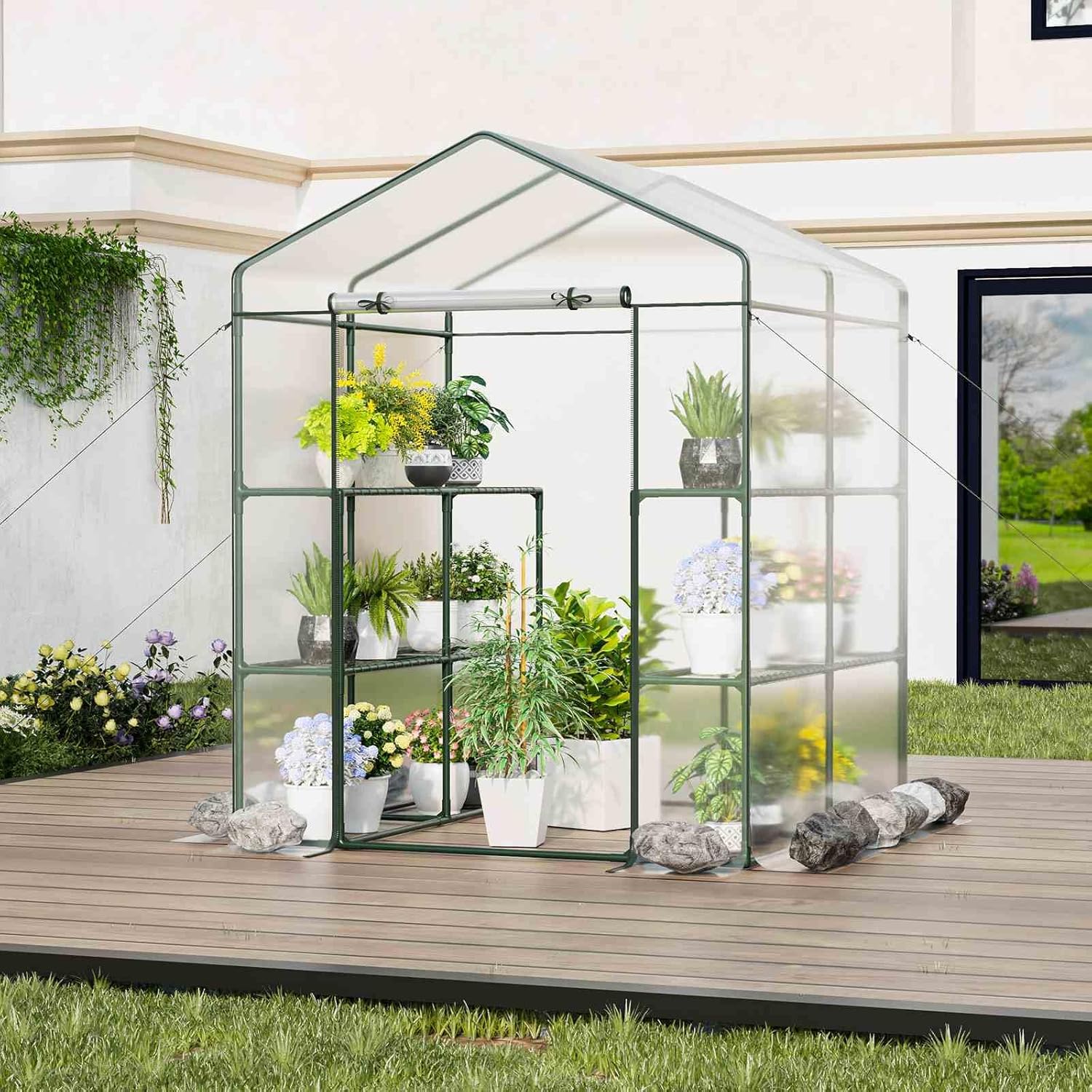 Costway Walk-in Greenhouse w/ 3 Tiers 8 Shelves, PVC Cover, Roll-up Zippered Door, Heavy-Duty Metal Frame, Outdoor Indoor Portable Mini Greenhouse, Winter Hot House for Garden Yard, 139 x 144 x 195 cm
