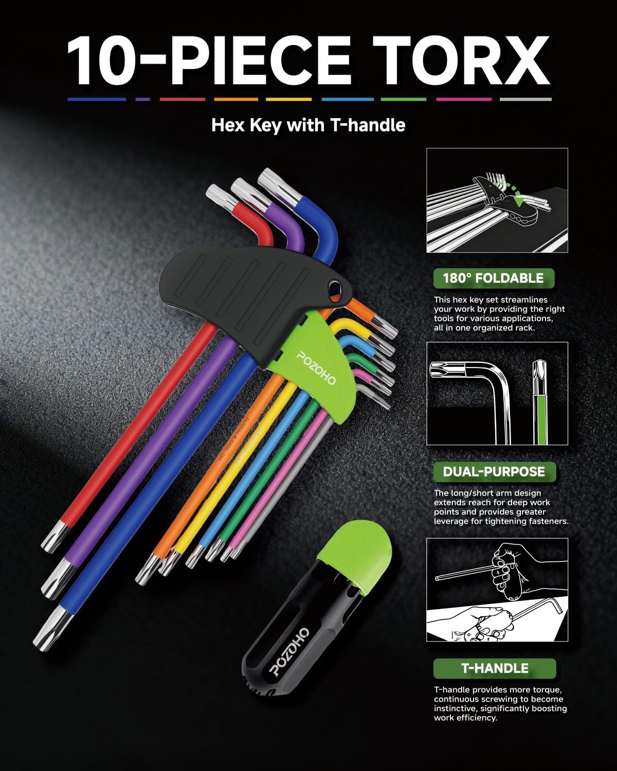 10-Piece Extra-Long Arm Torx(T10-T50) Hex Key Set | Color-Coded Ball End Allen Wrench with Torque Handle | Cr-V Steel, Anti-Rust for Motorcycle, Bike, Car & DIY, PTM01010C