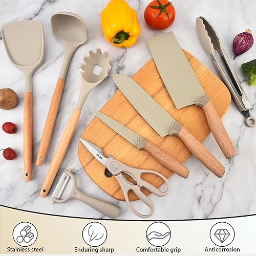 Miniatura 2 de Juego de cuchillos de cocina profesionales de 10 piezas con bloque universal de cuchillos, herramientas de cocina antiadherentes resistentes al