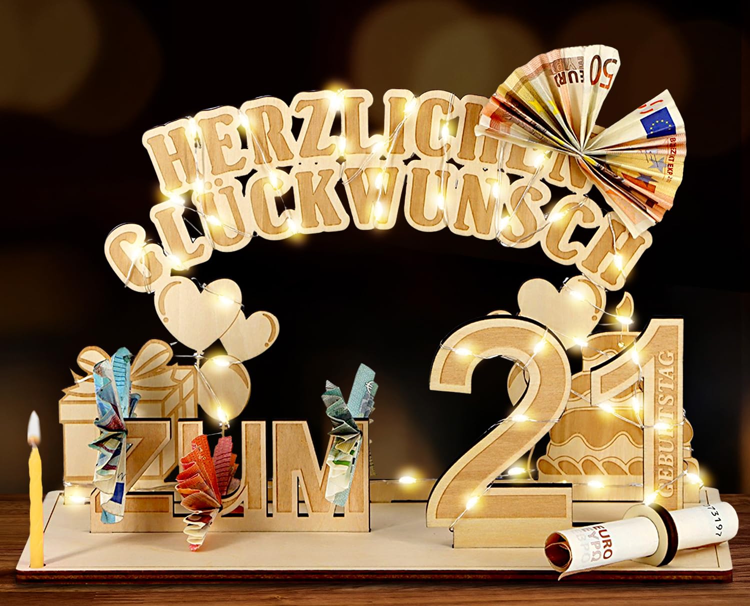 Giftota Original Geburtstag Geldgeschenke Holz mit LED Lichterkette GLL