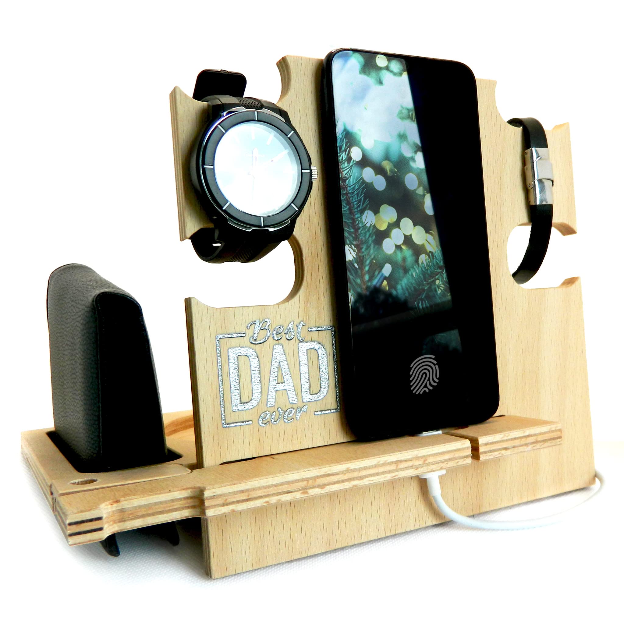 Gretaoto Design Docking Station for Men, Wooden Desk Organizer, Silver Best Dad Ever Engraving - Smartphone Stand, Nightstand Holder (Natural-Silver)