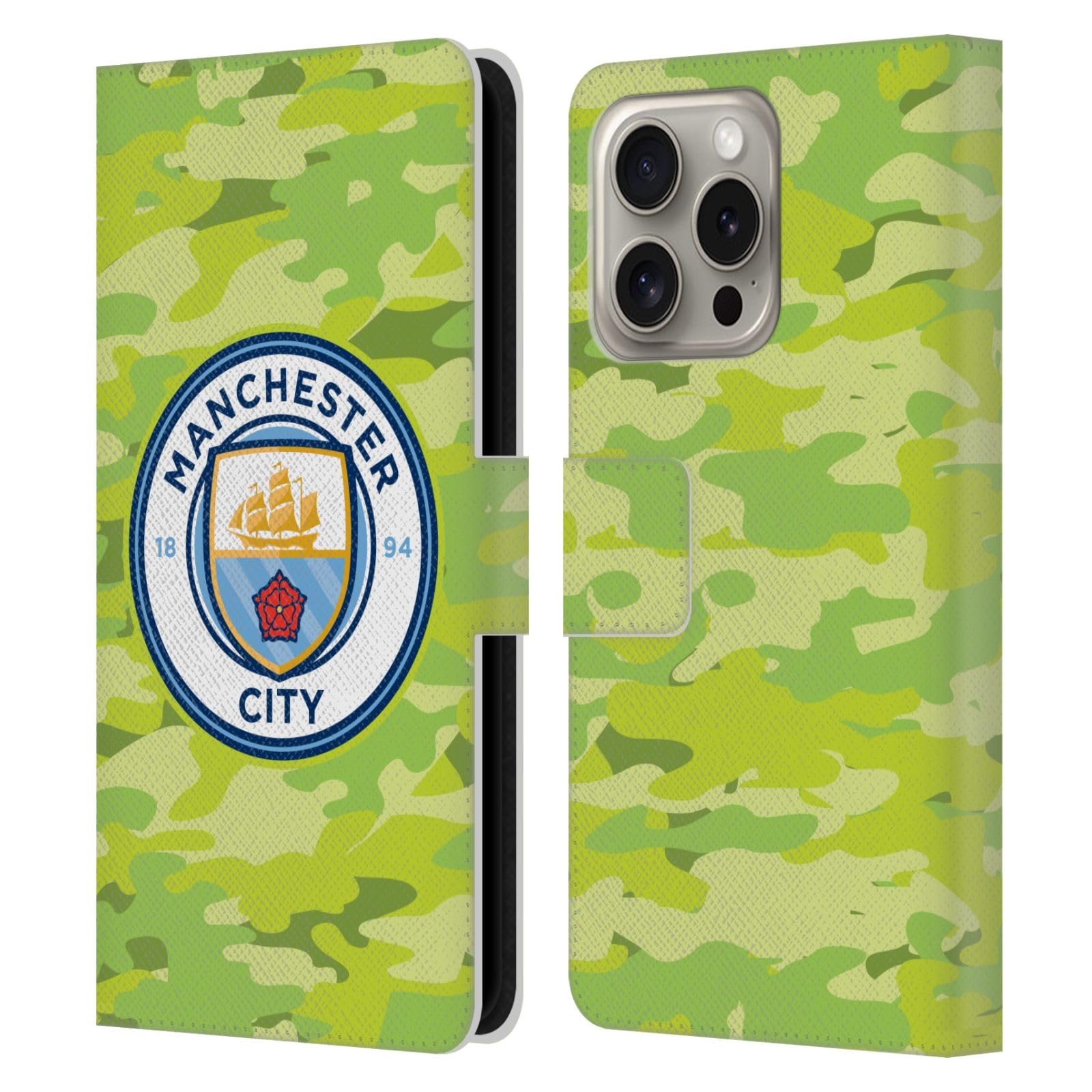Head Case Designs Officially Licensed Manchester City Man City FC Goalee Badge Camou Leather Wallet Case Compatible With Apple iPhone 16 Pro