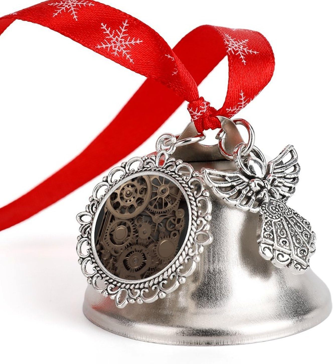 Steampunk Mechanical Gears Bell Ornament Red Ribbon for Christmas Tree Holiday Decoration Personality Believe Bell Ornaments Sleigh Bells for Winter New Year Party Supplies